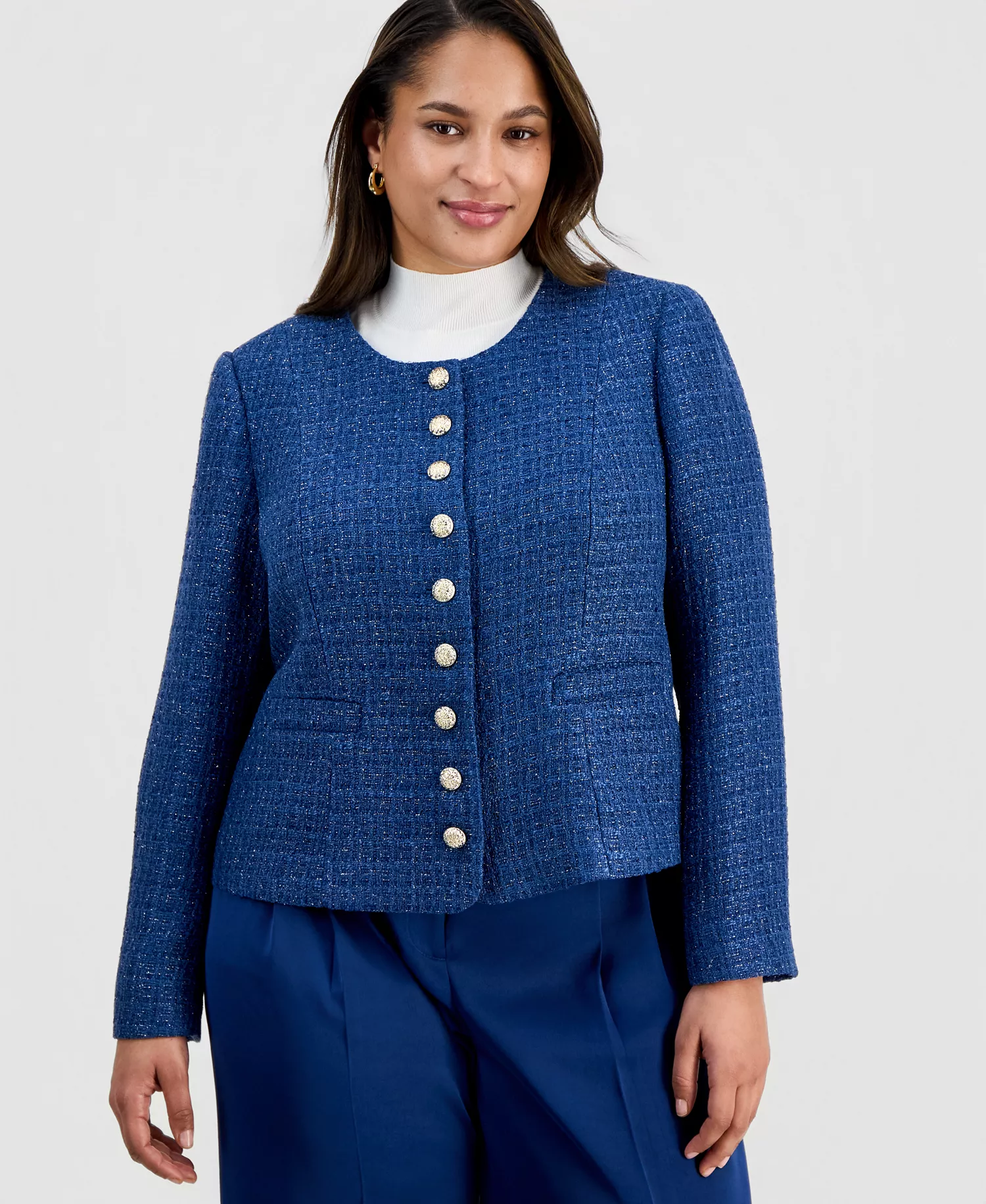 Plus Size Boucle-Knit Collarless Jacket  - Riverside Blue - 14W