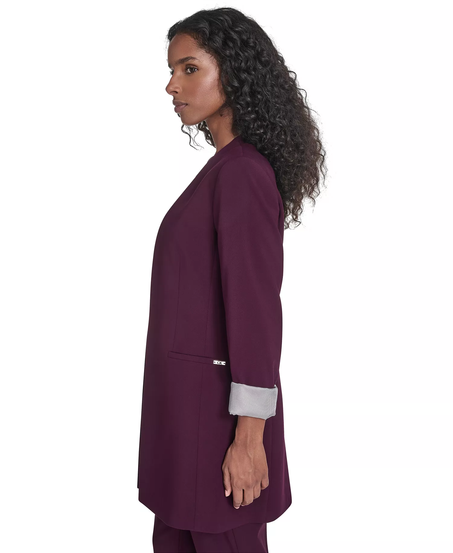 Petite Lux Open Front 3/4-Sleeve Rollback Cuff Jacket - Aubergine - 2P