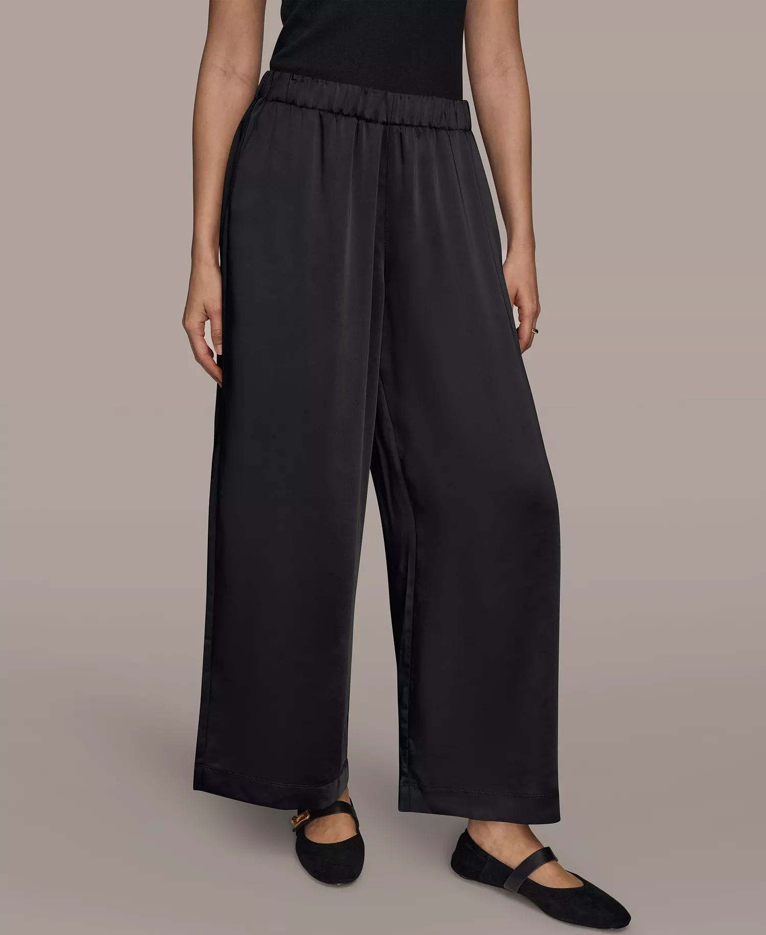 Women's Pull-On Satin Mid Rise Wide Leg Pants - Black - L