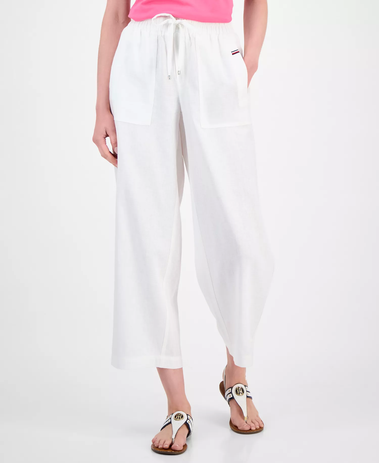 Women's Drawstring-Waist Pull-On Linen Pants - Bright White - L
