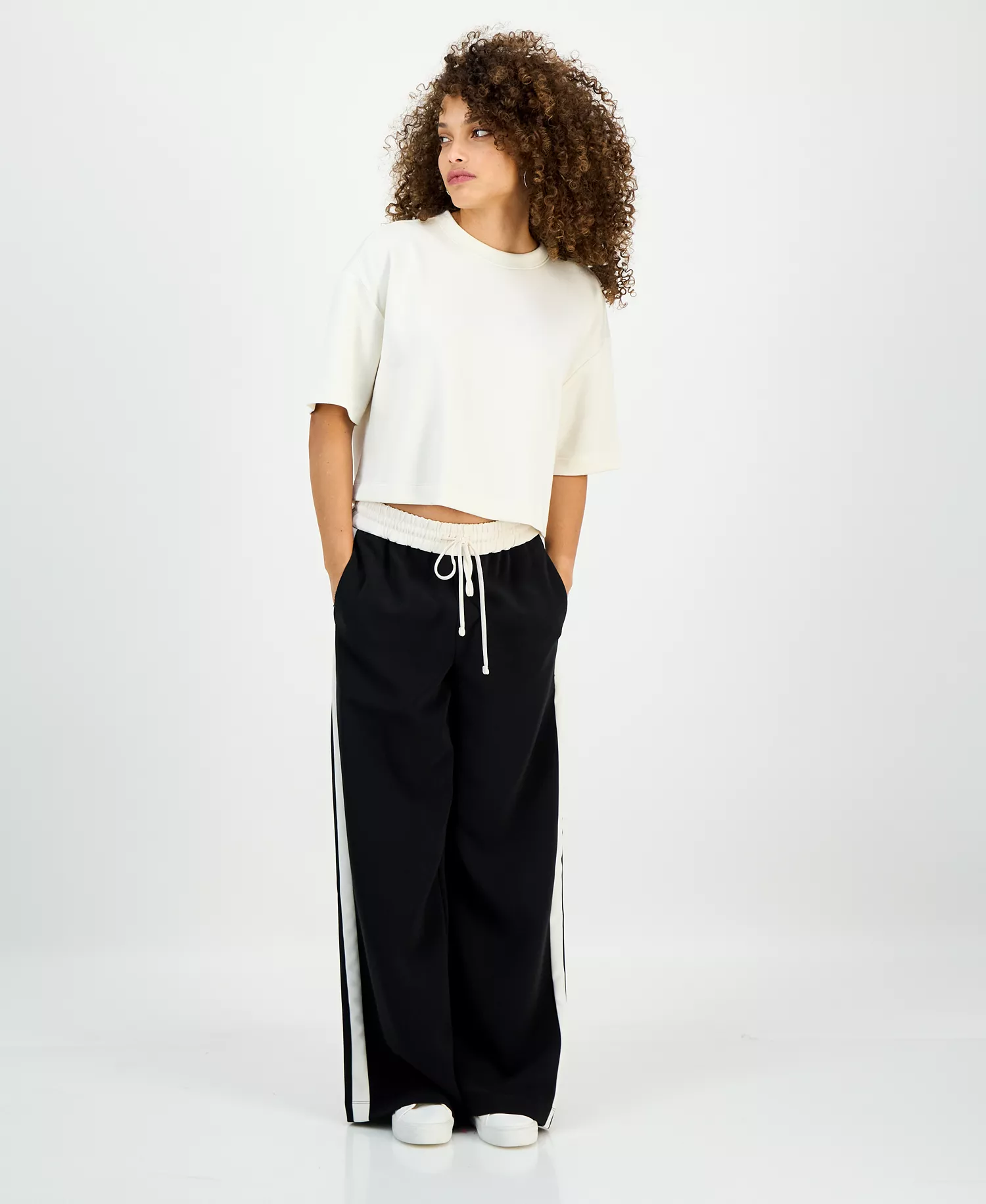 Petite Drawstring-Waist Side-Stripe Wide-Leg Pants, Macy's Exclusive - Deep Black - P/L