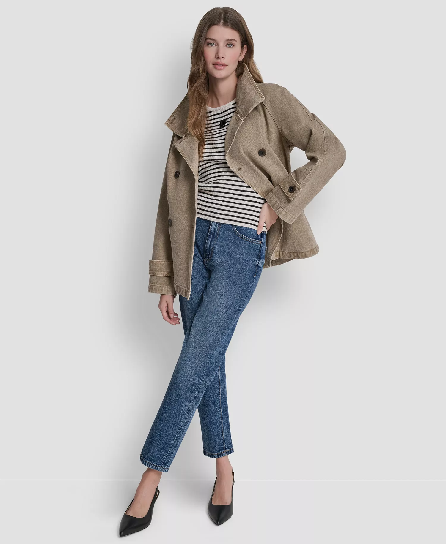 Women's Denim Double Breasted A-Line Coat - Khaki - L