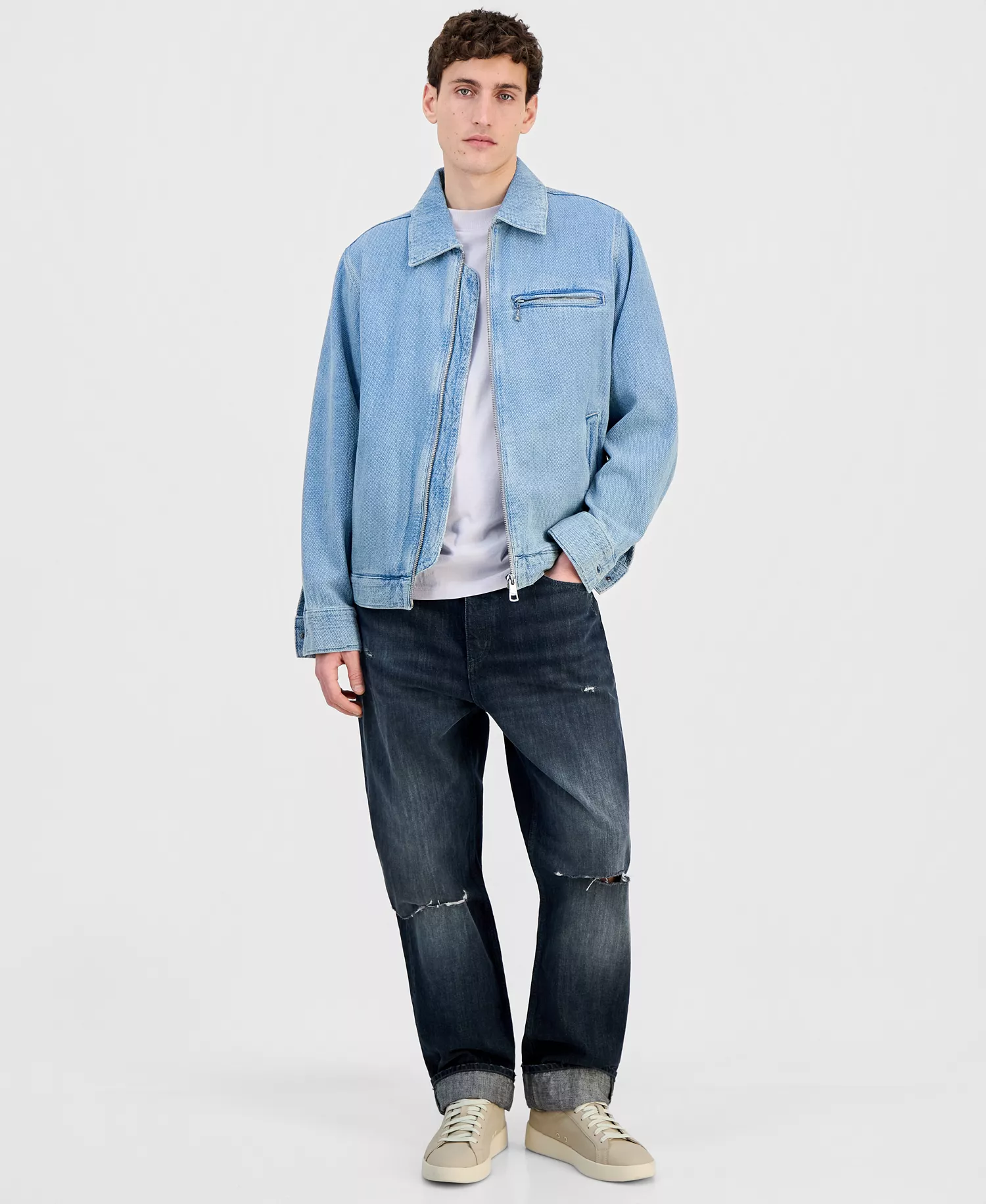 Men's Cotton Waffle Denim Zip Jacket - turquoise/aqua - 2XL