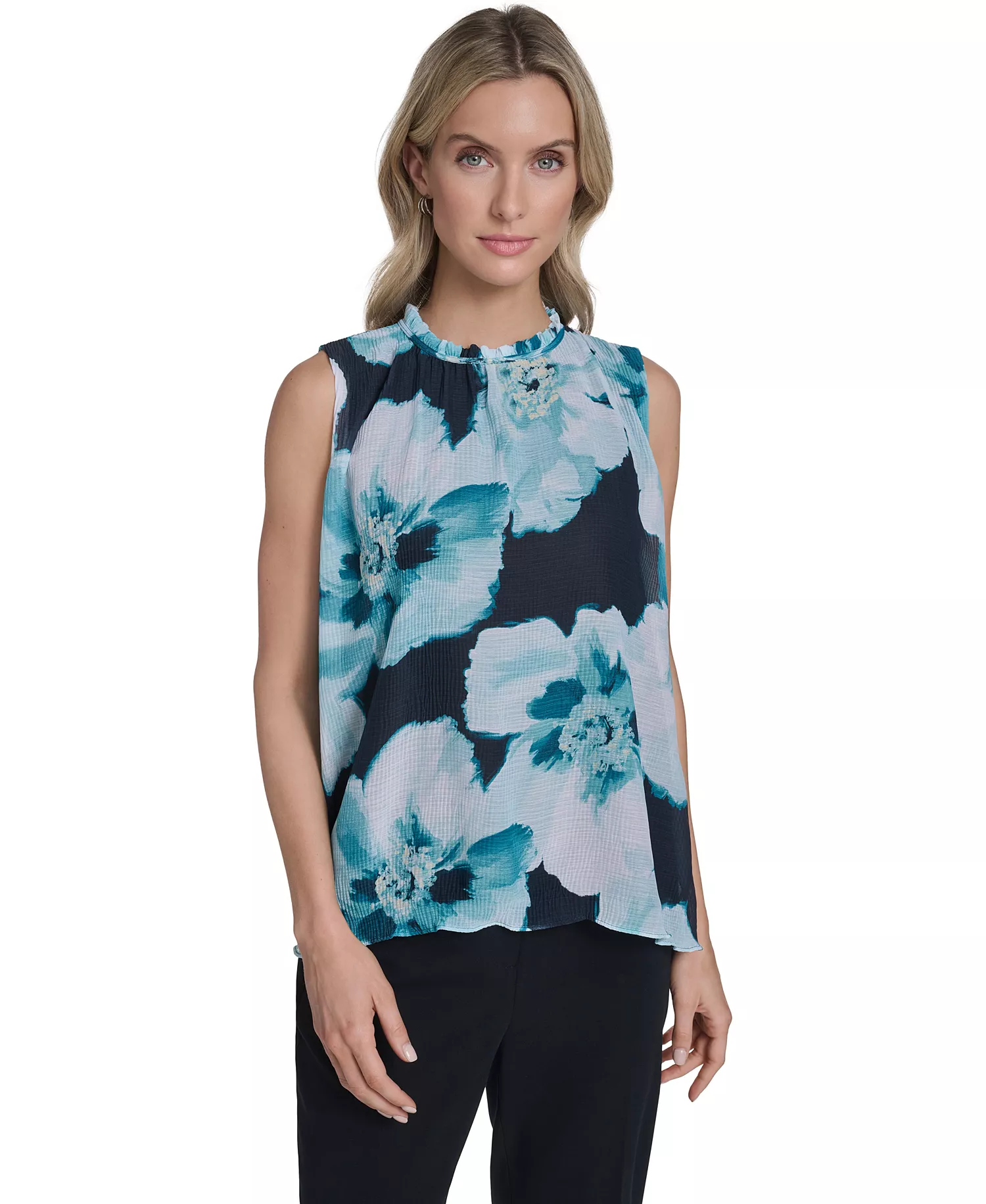 Women's Textured Ruffle Neck Top - Navy/seaspray Multi - L