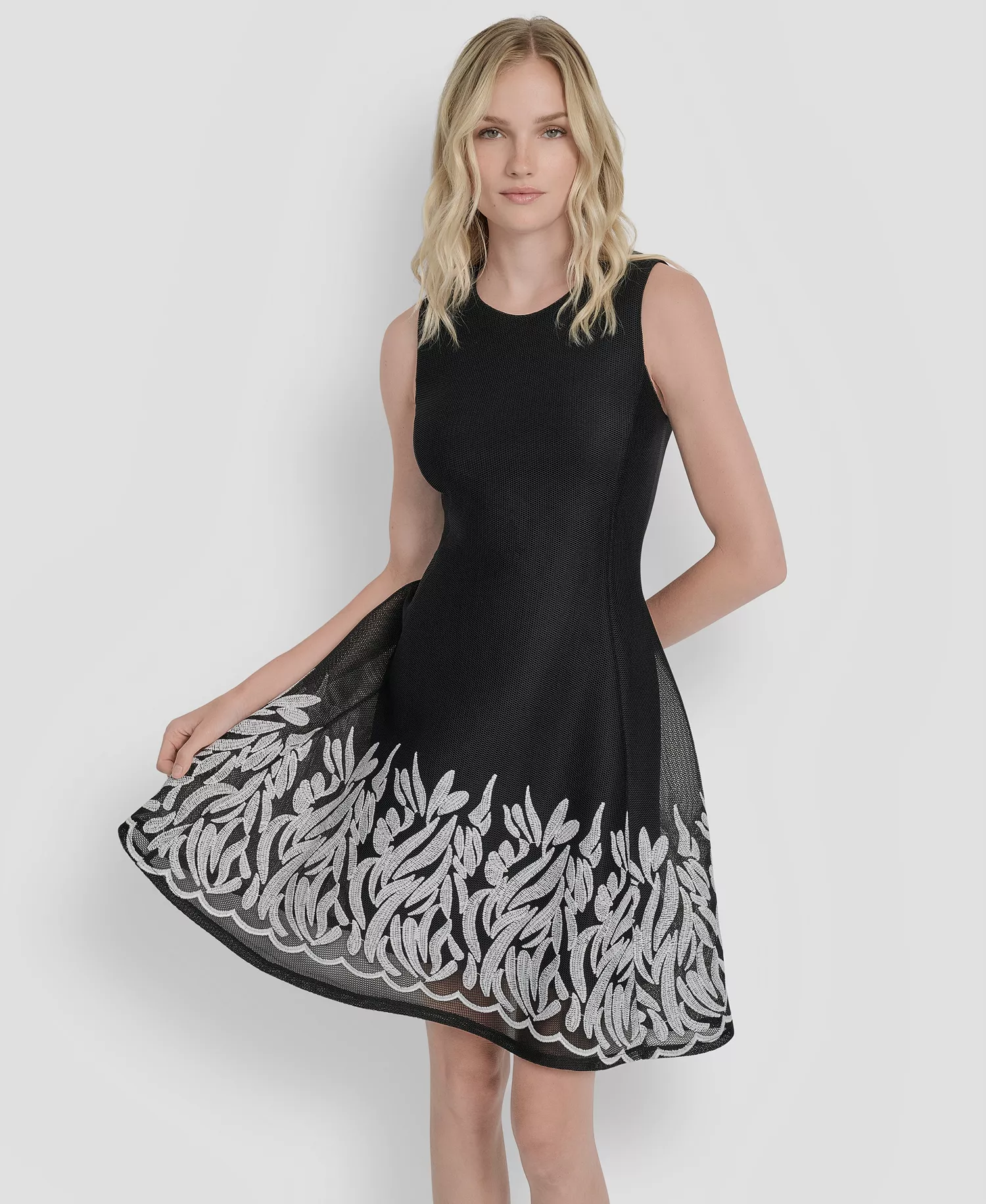 Women's Embroidered Mesh Sleeveless Fit & Flare Dress - Black/Ivory - 10