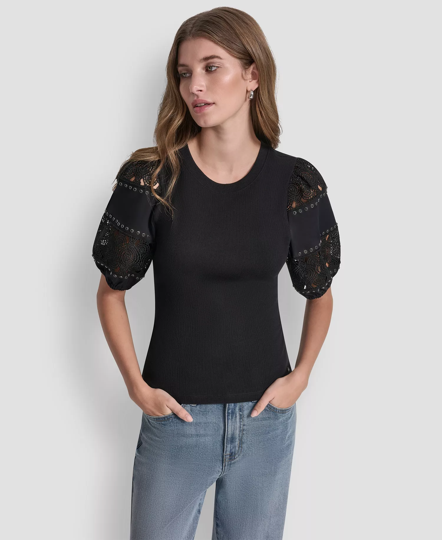 Women's Crew Neck Lace Eyelet Pull-On Top - Black - L