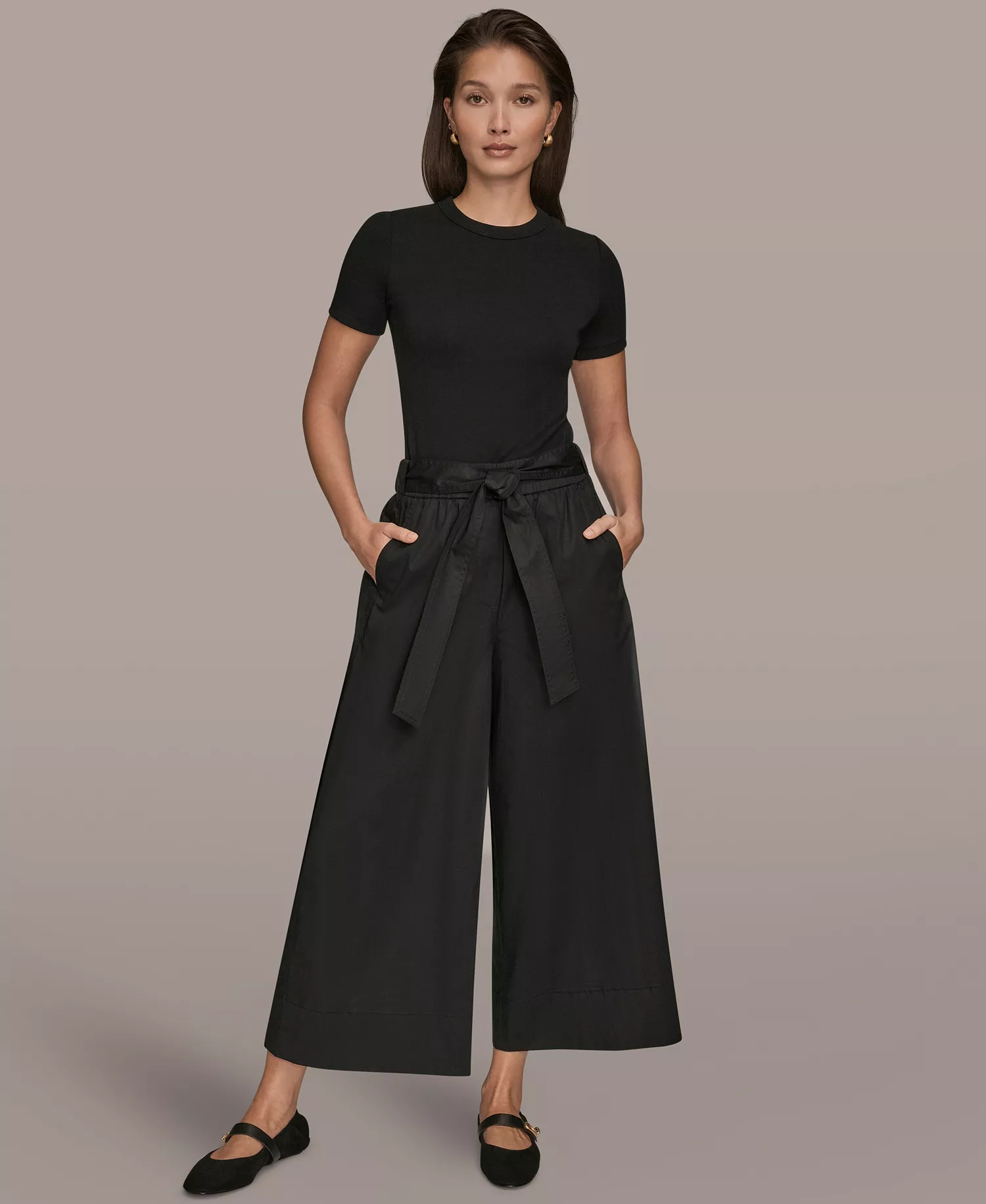 Women's Stretch Poplin Self Belted Crop Pants - Black - L