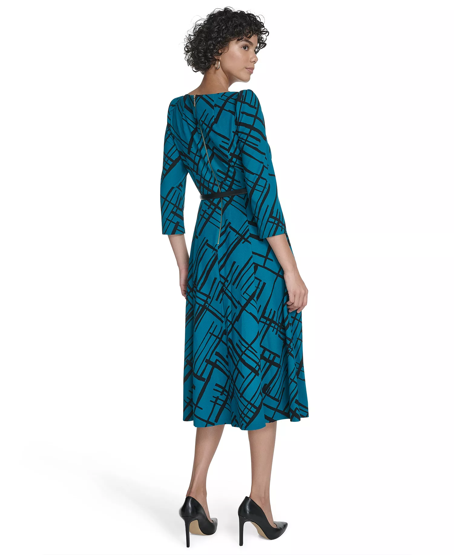 Women's Belted Plaid Midi Dress - EMERALD/BLACK - 14