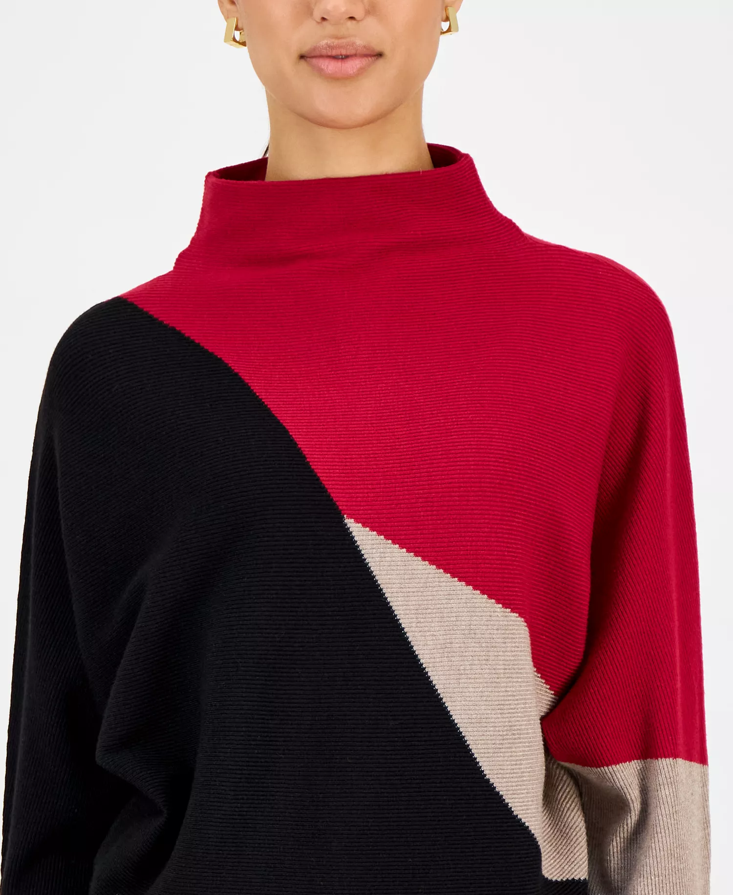 Women's Funnel-Neck Dolman-Sleeve Sweater  - Red Point Colorblock - L