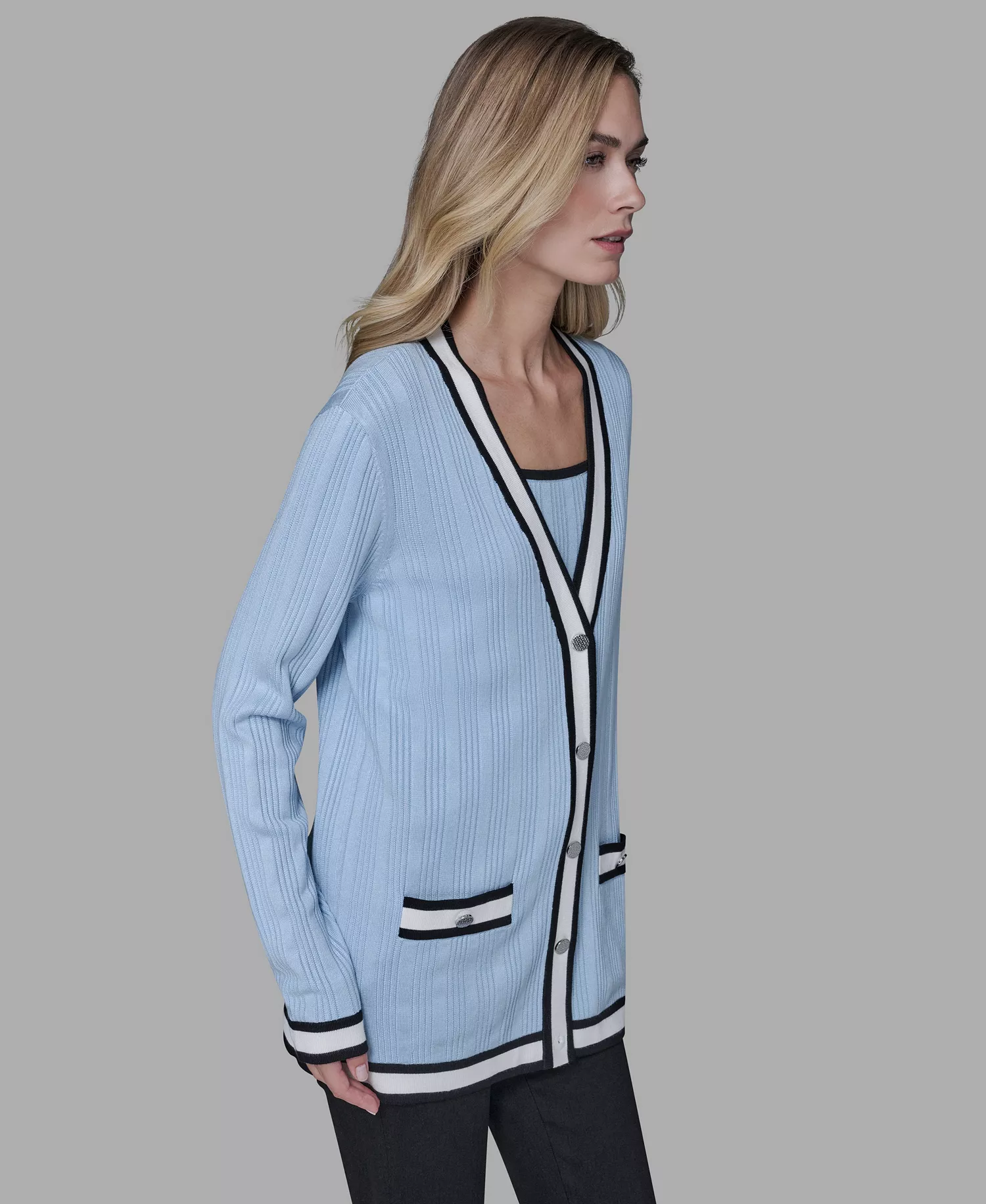 Women's V-Neck Contrast Cardigan - Blue Aura - L