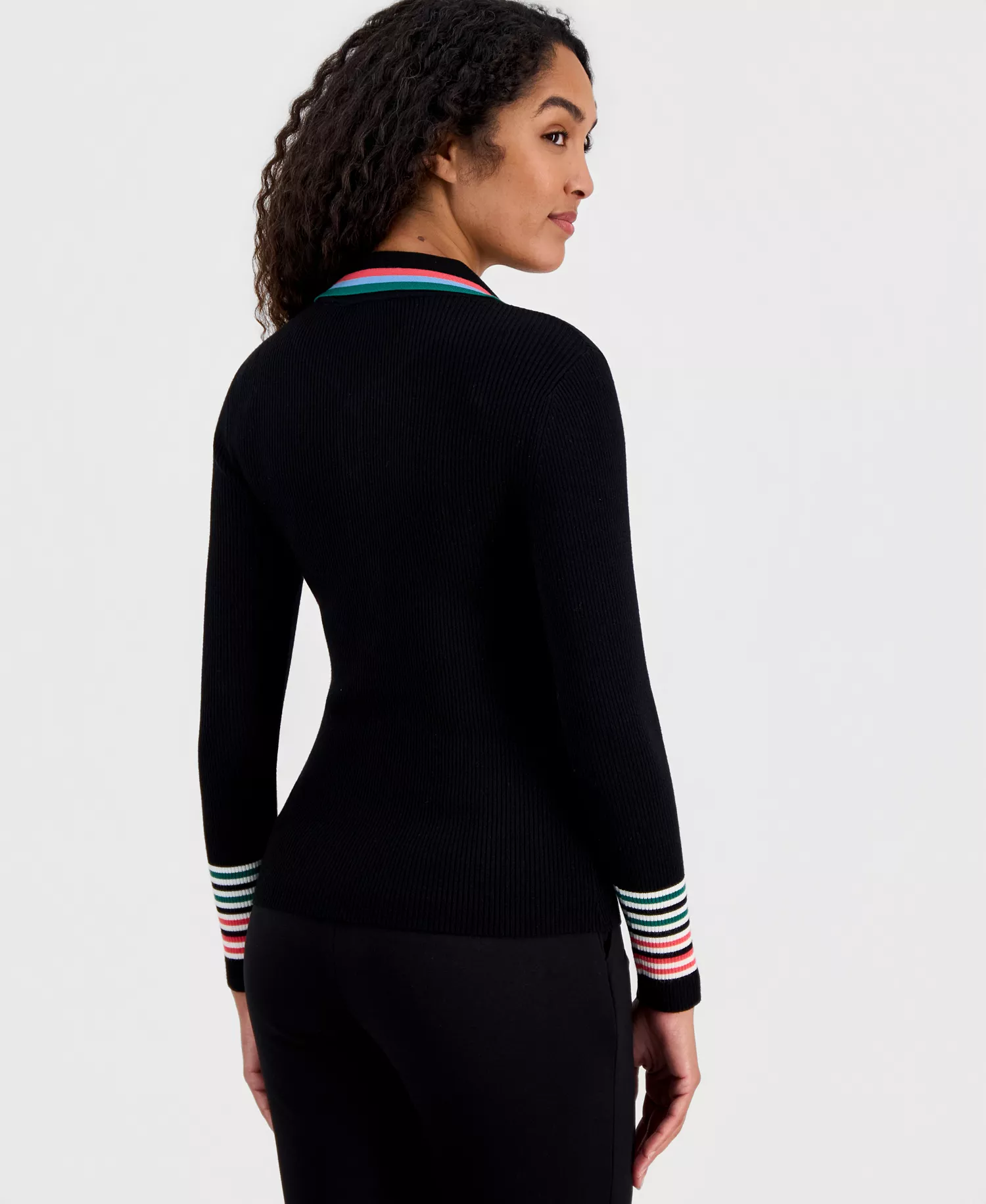 Women's Striped-Trim Collared Button Top - Black - M