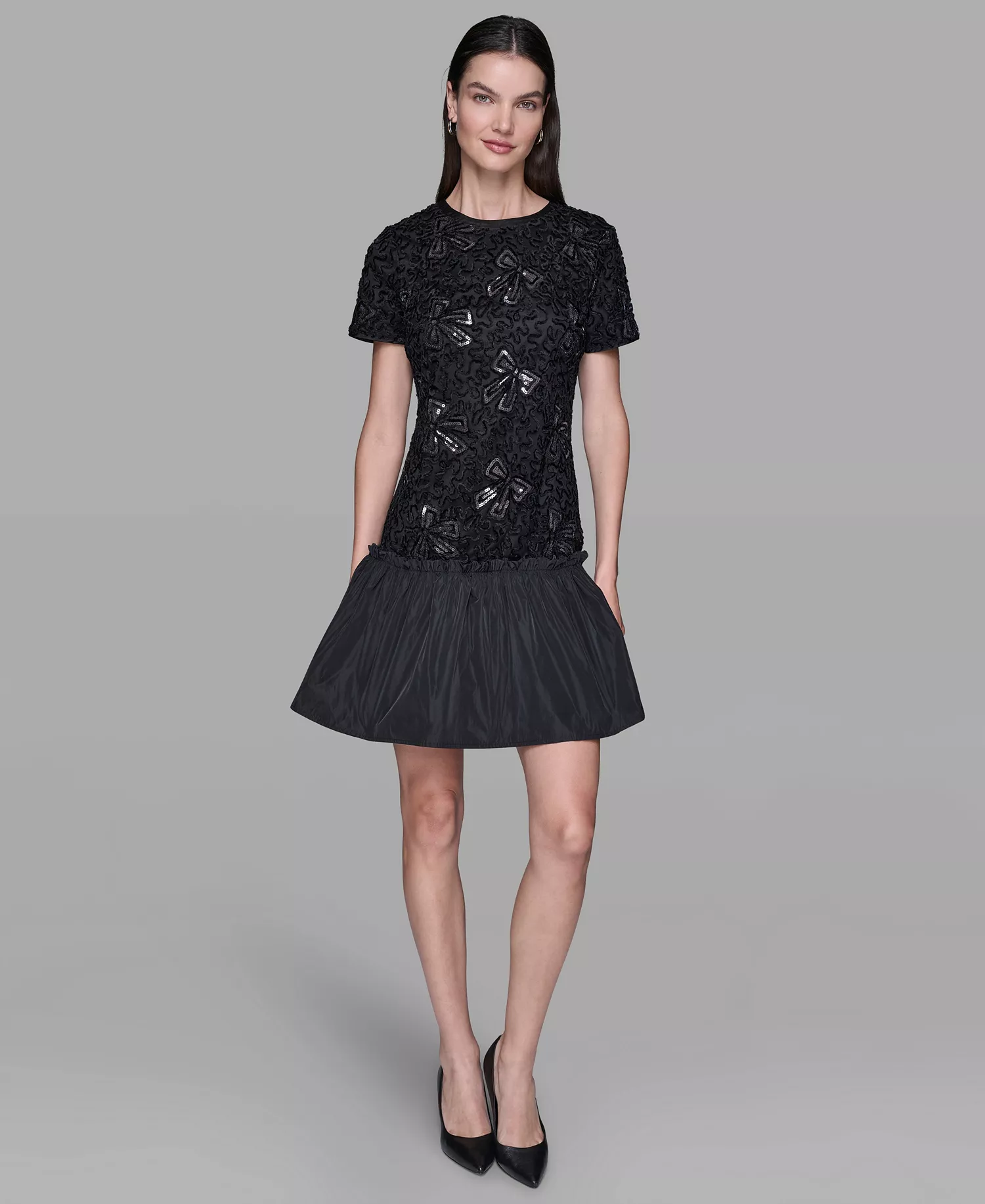 Women's Sequin Bow Applique Drop-Waist Dress - Black - 0