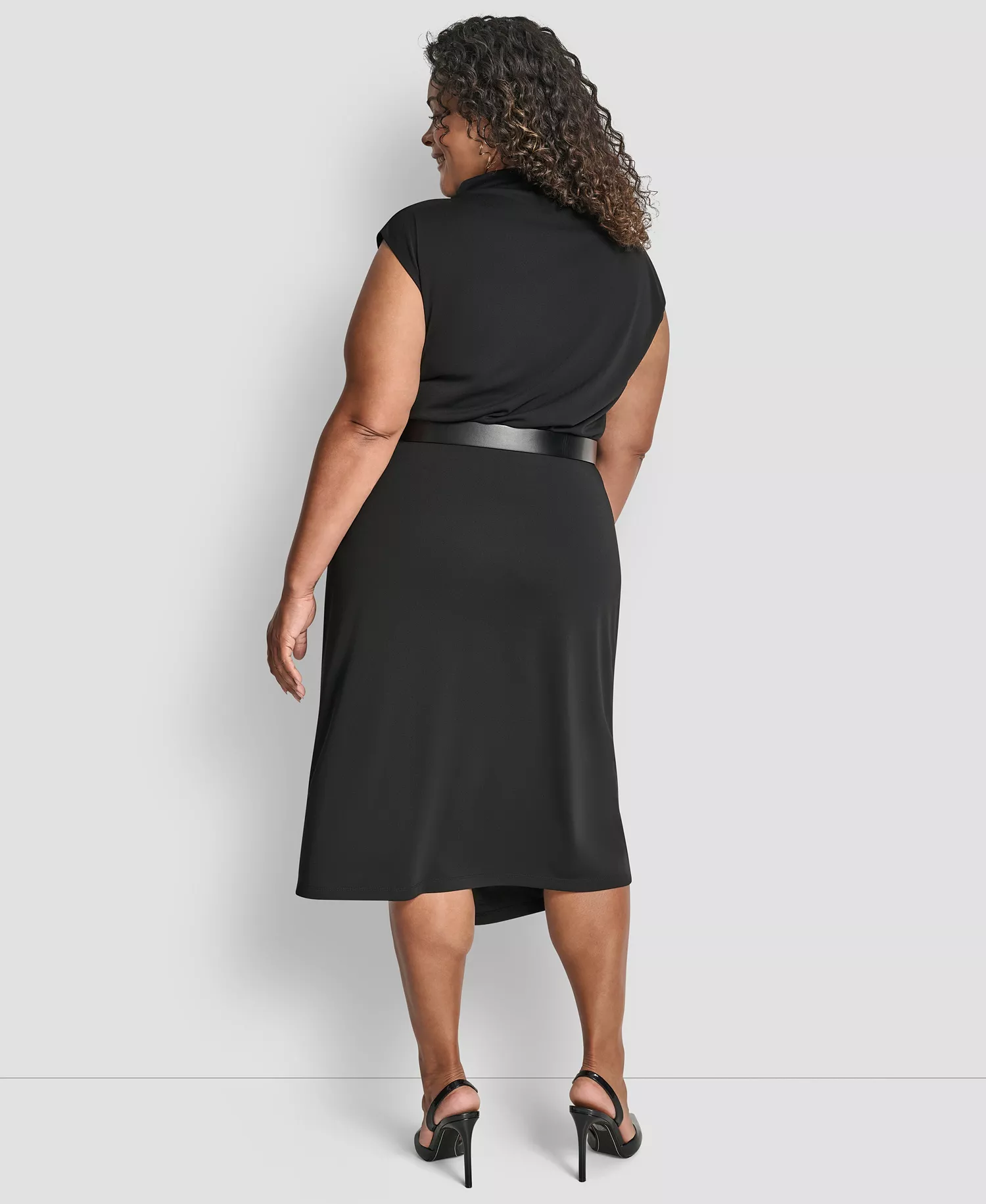 Plus Size Sleeveless Funnel Neck Belted Midi Dress - Black/Ivory - 14W