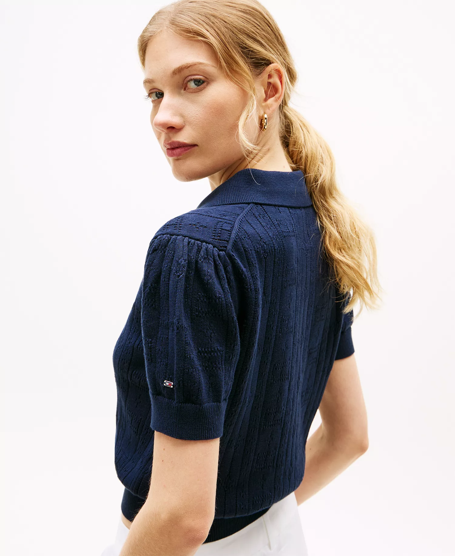 Women's Flag Pointelle Puff-Sleeve Polo Sweater - Dark Night Navy - L