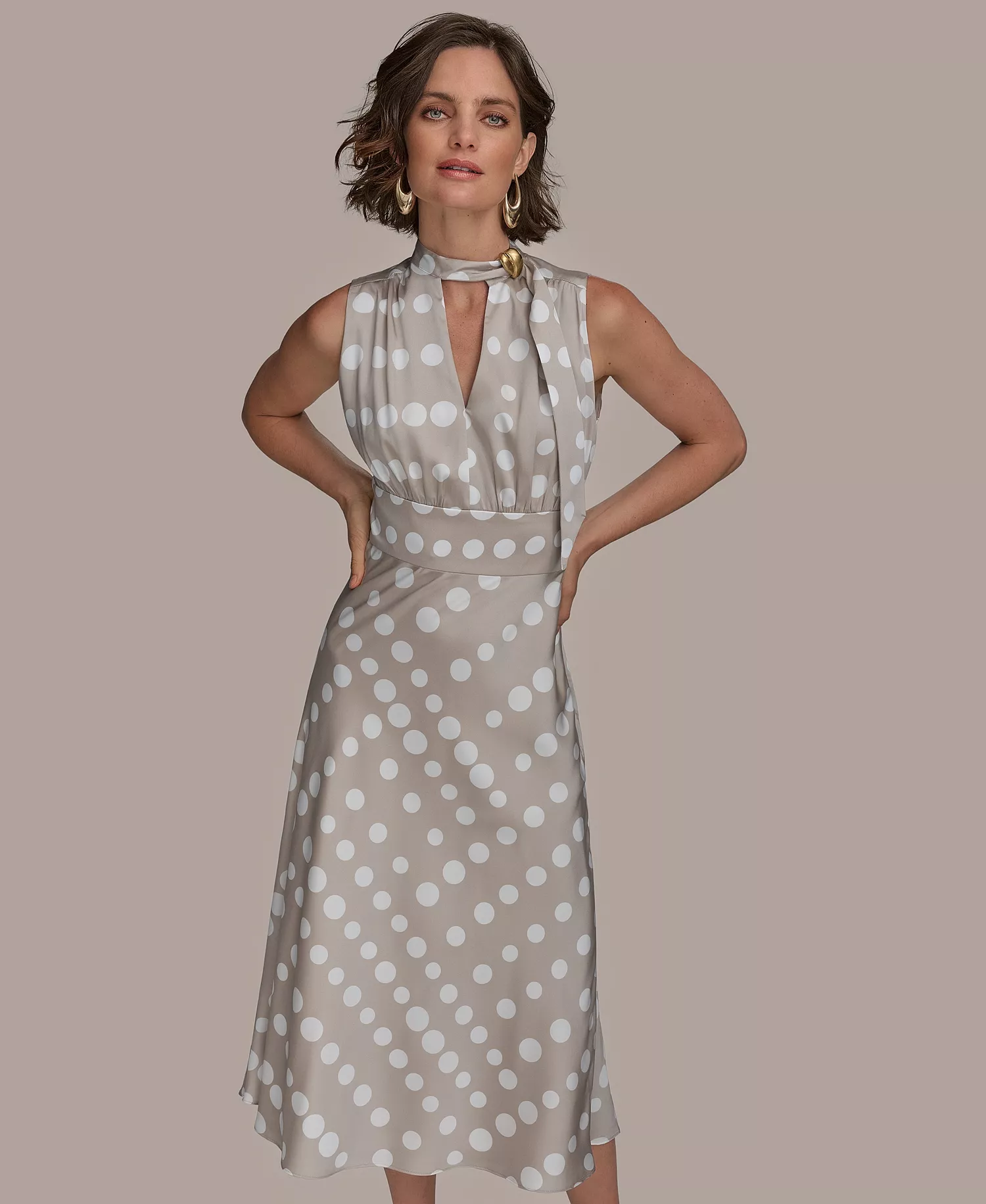 Women's Dot-Print Tie-Neck A-Line Dress - Clay Cream - 10