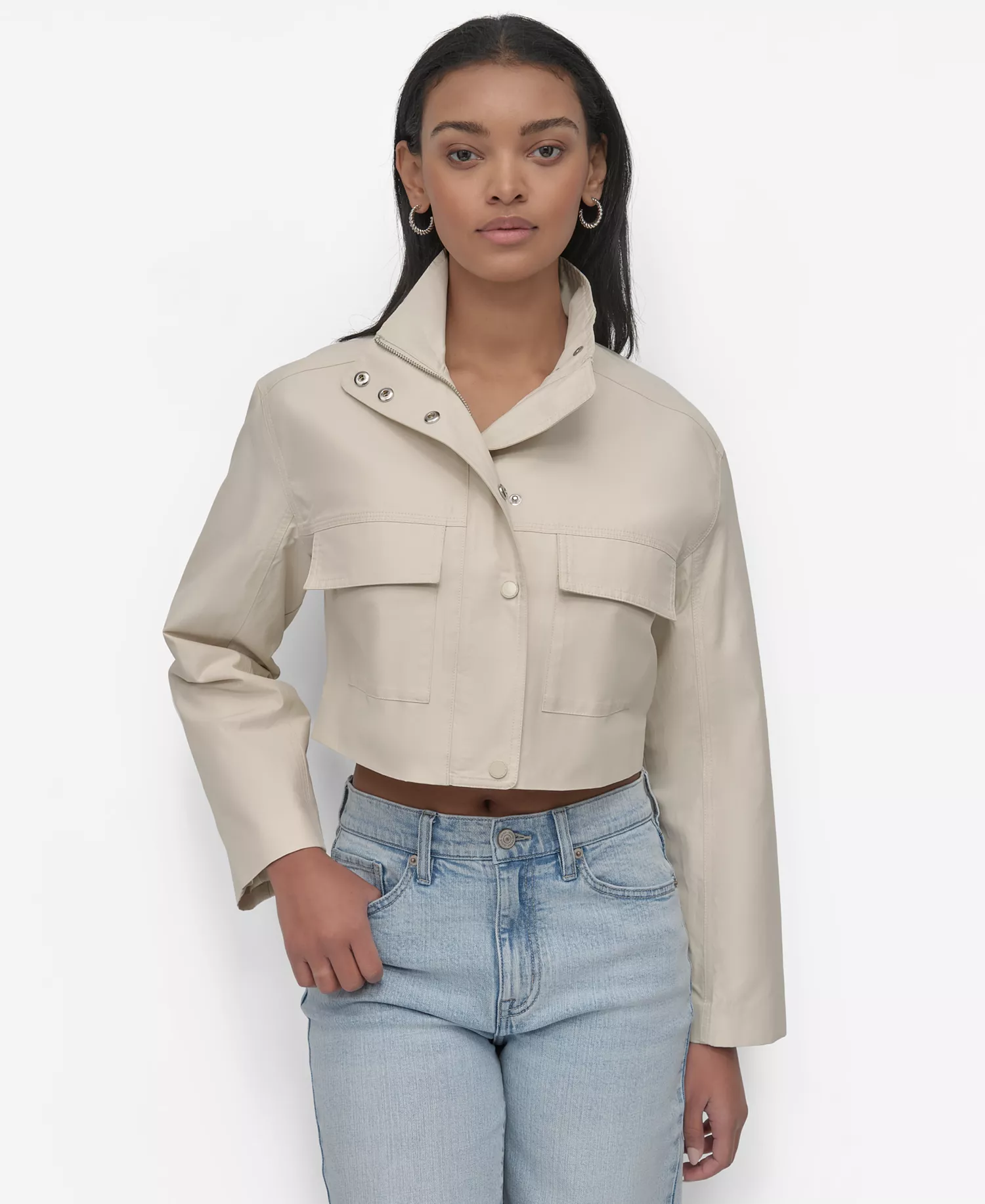 Women's Coated Water Resistant Cropped Utility Jacket - Light City Khaki - L