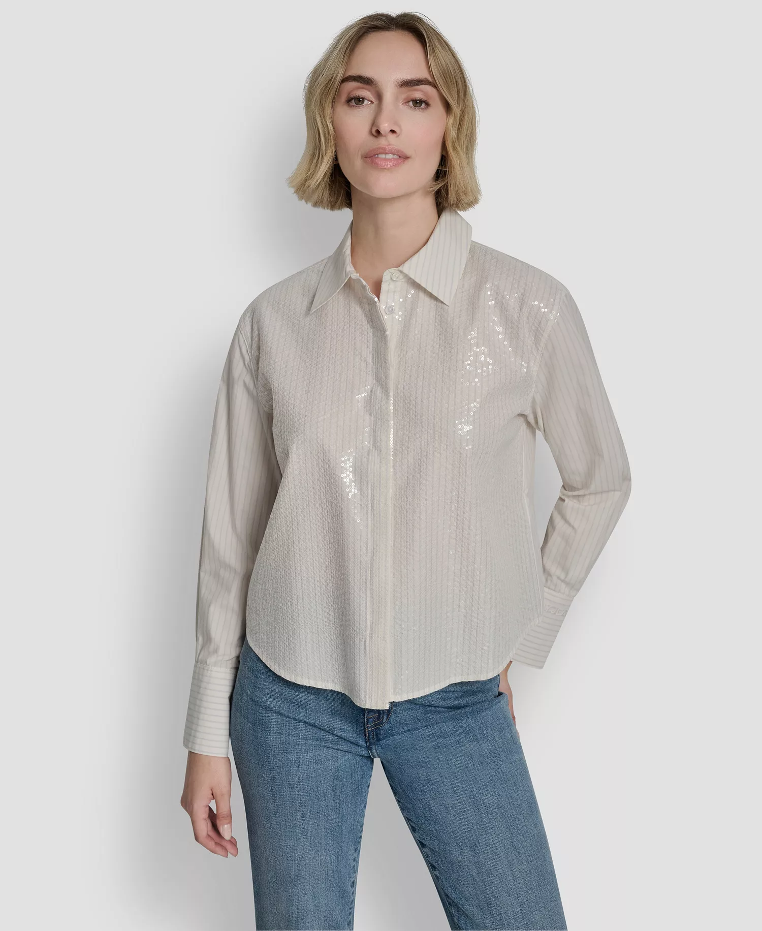 Women's Logo Embroidery and Sequin Button-Front Shirt - Lasalle Stripe-eggnog/zinc - L