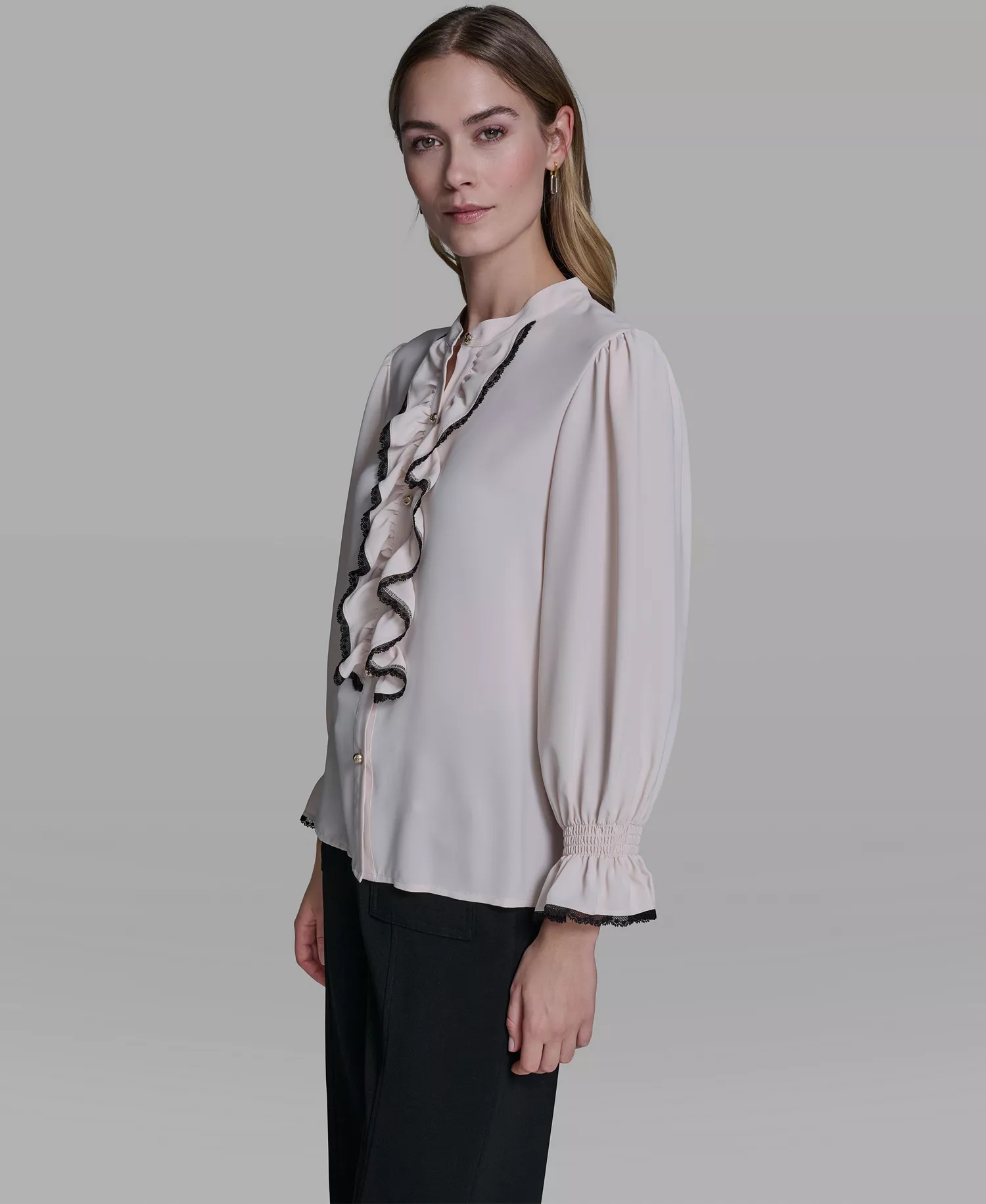 Women's Ruffle Lace Trim Long-Sleeve Blouse - Bisque - L