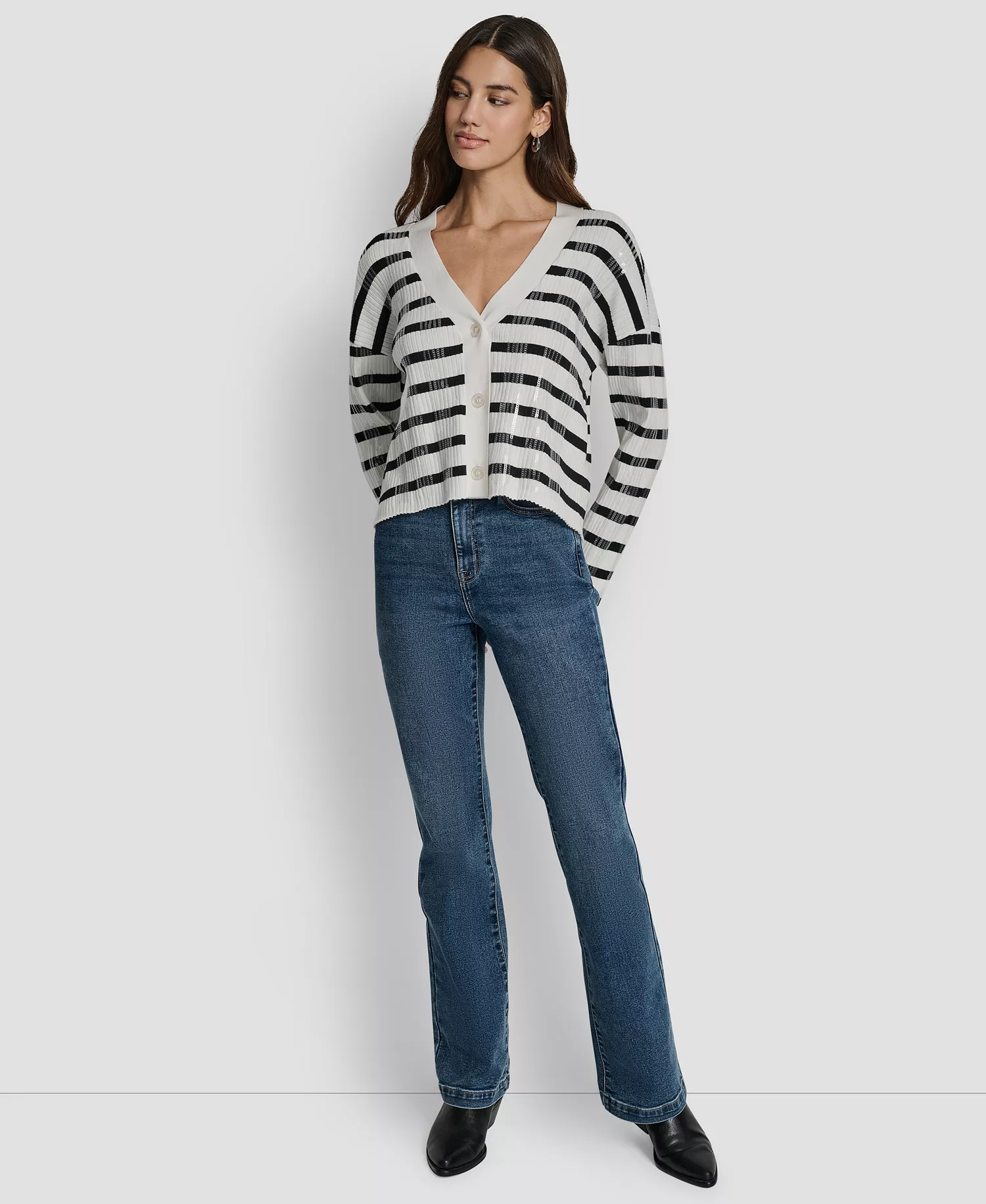Women's Striped Sequin & Stripe V-Neck Boxy Cropped Long-Sleeve Cardigan Sweater - Black/ivory - L