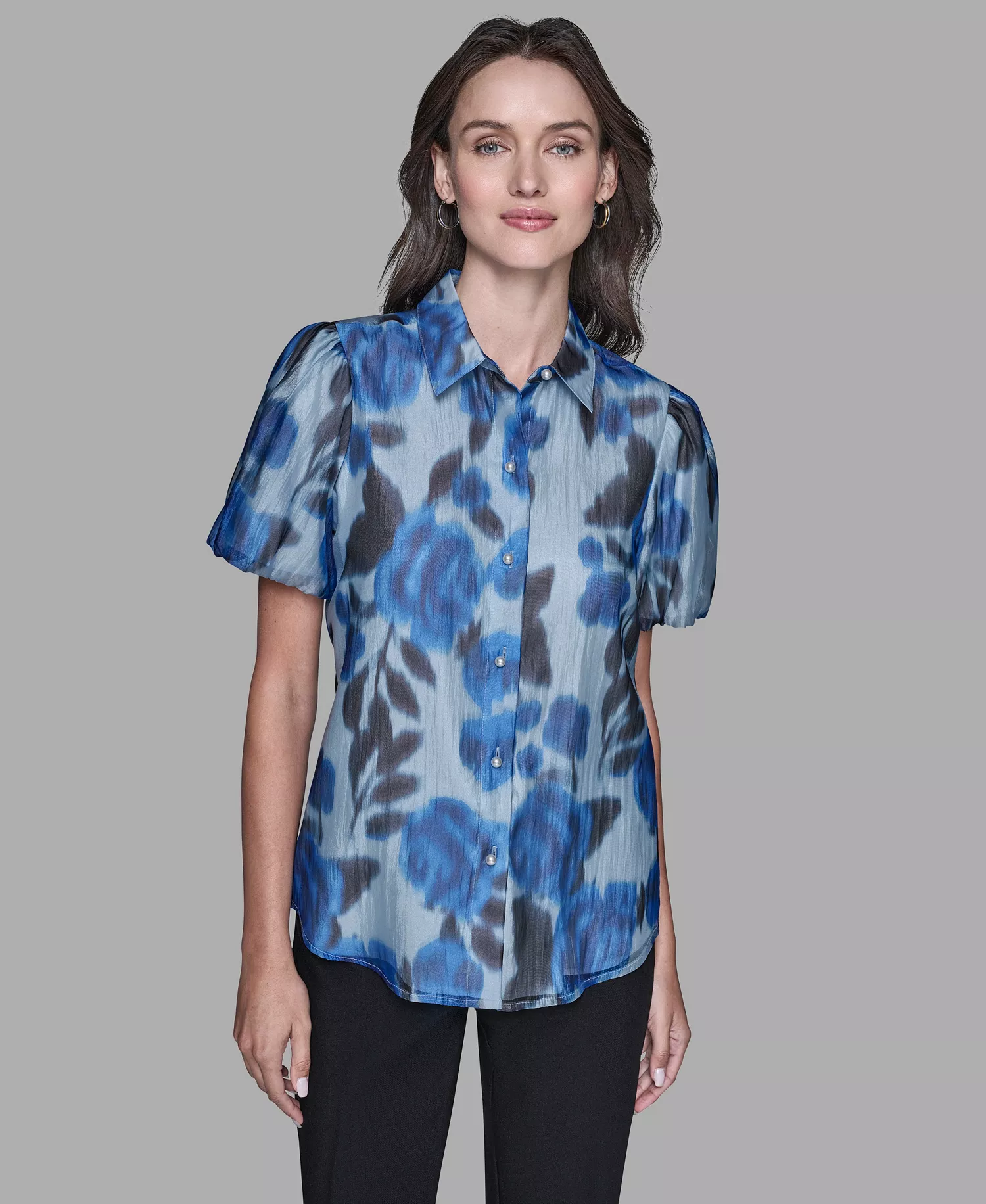 Women's Organza Collared Top - French Blue Multi - L