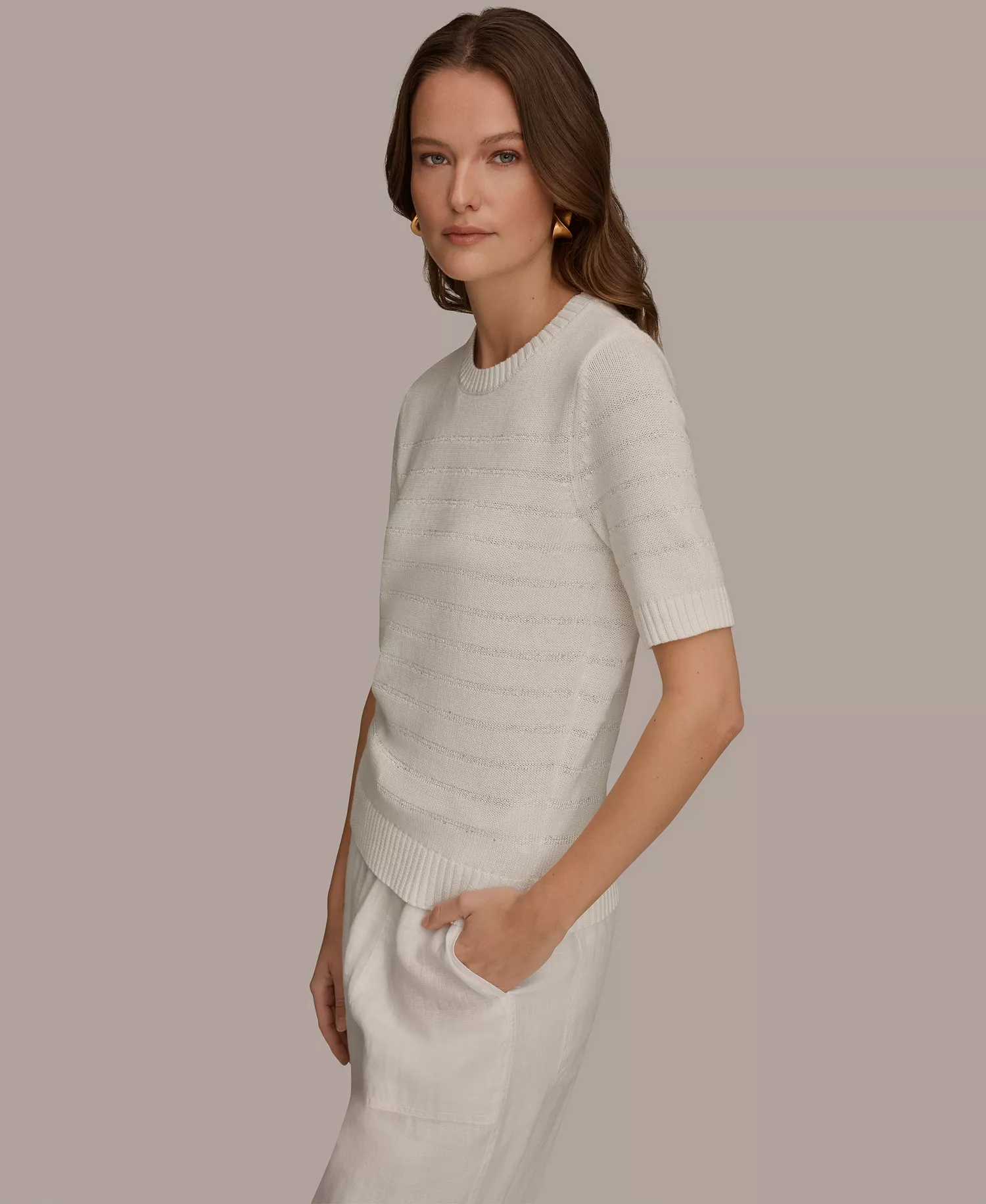 Women's Elbow-Sleeve Crew Neck Striped Sequin Sweater - Cream - L