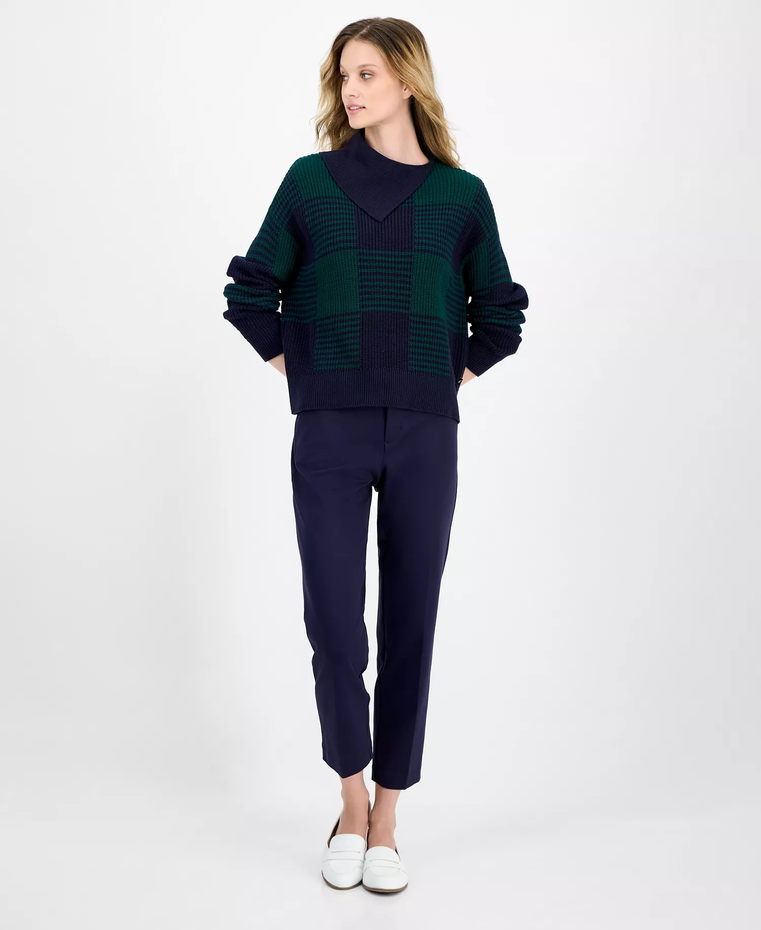 Nautica Women's Buffalo Plaid Asymmetrical-Neckline Sweater - Night Sky/ Forest - L