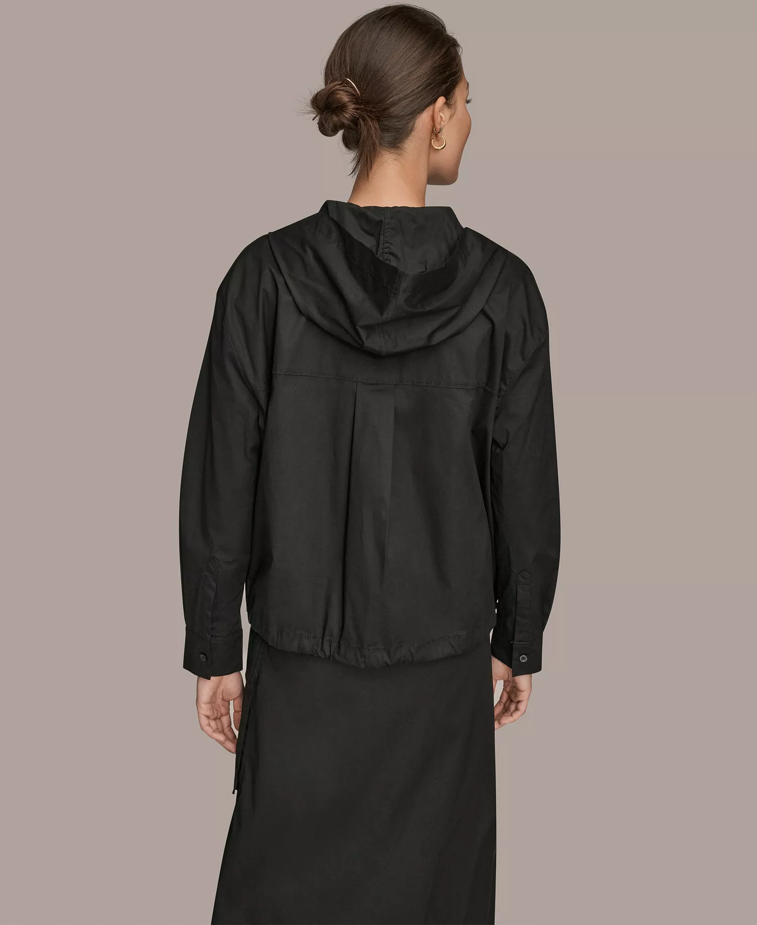 Women's Stretch Poplin Front Button Hooded Jacket - Black - L