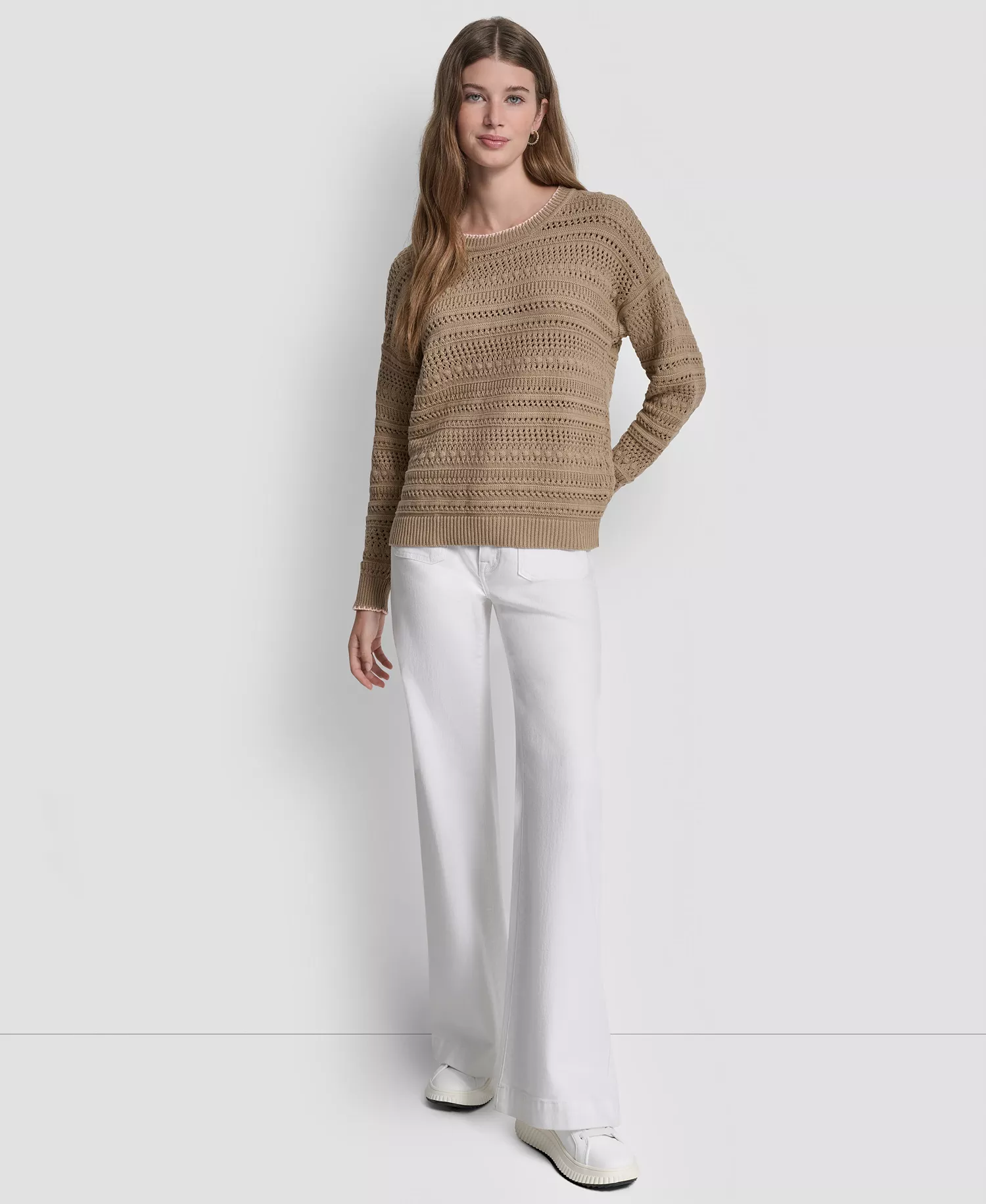 Women's Crew Neck Long-Sleeve Tipped Pointelle Sweater - Travertine/peach Spritz - L