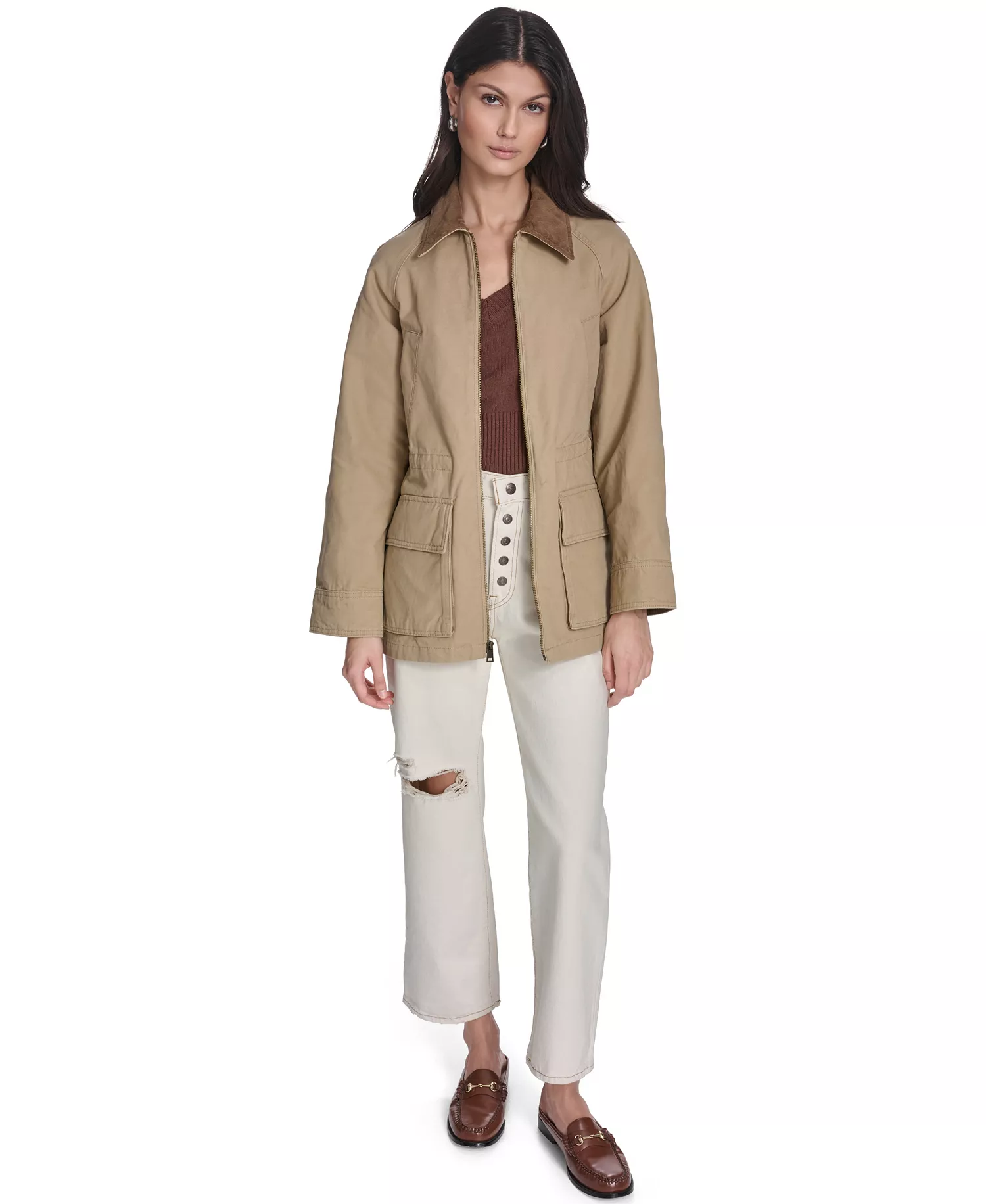 Women's Cinch Waist Barn Jacket - Tan - L