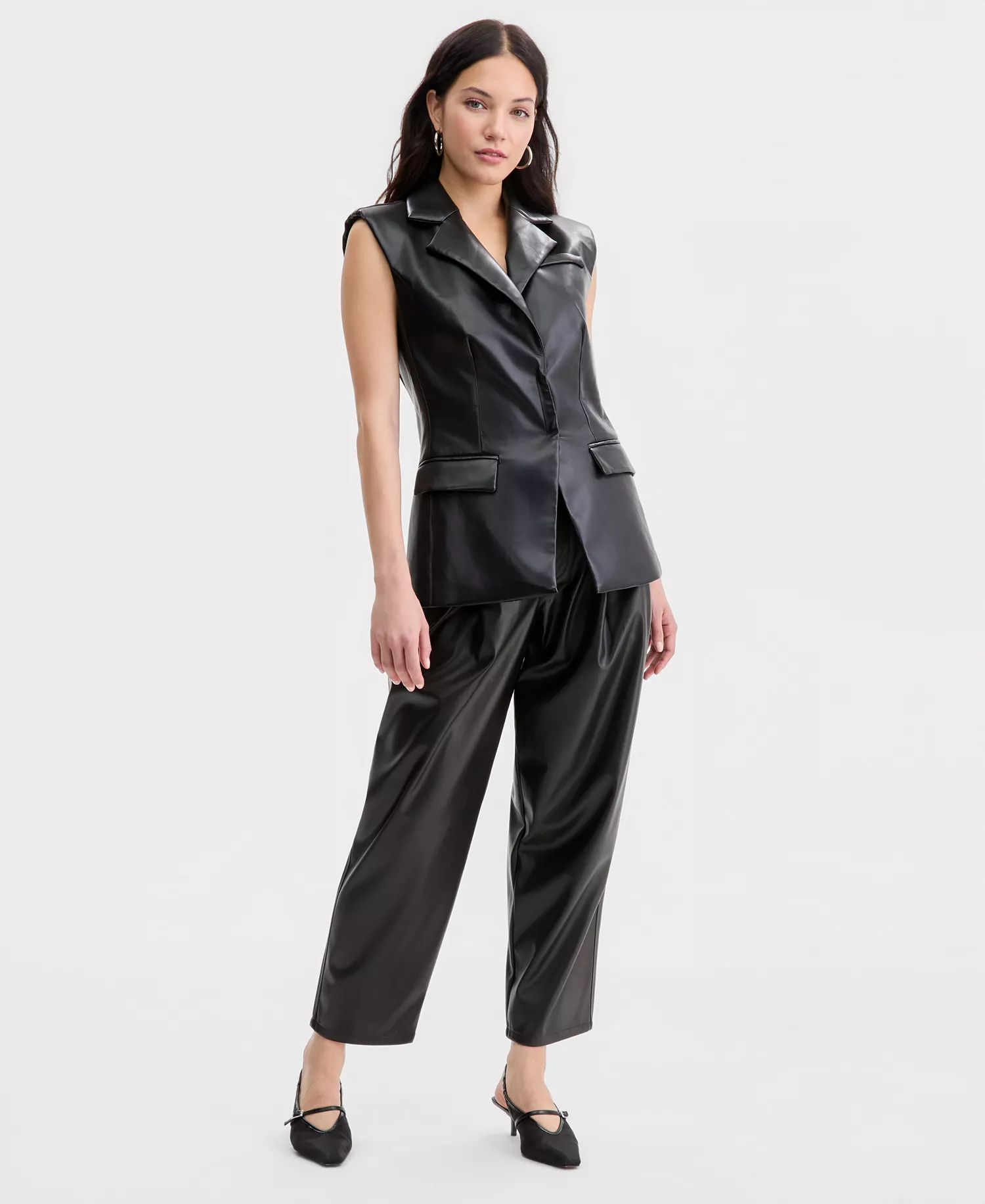 Women's Sleeveless Structured Vest, Macy's Exclusive - Black Faux Leather - L