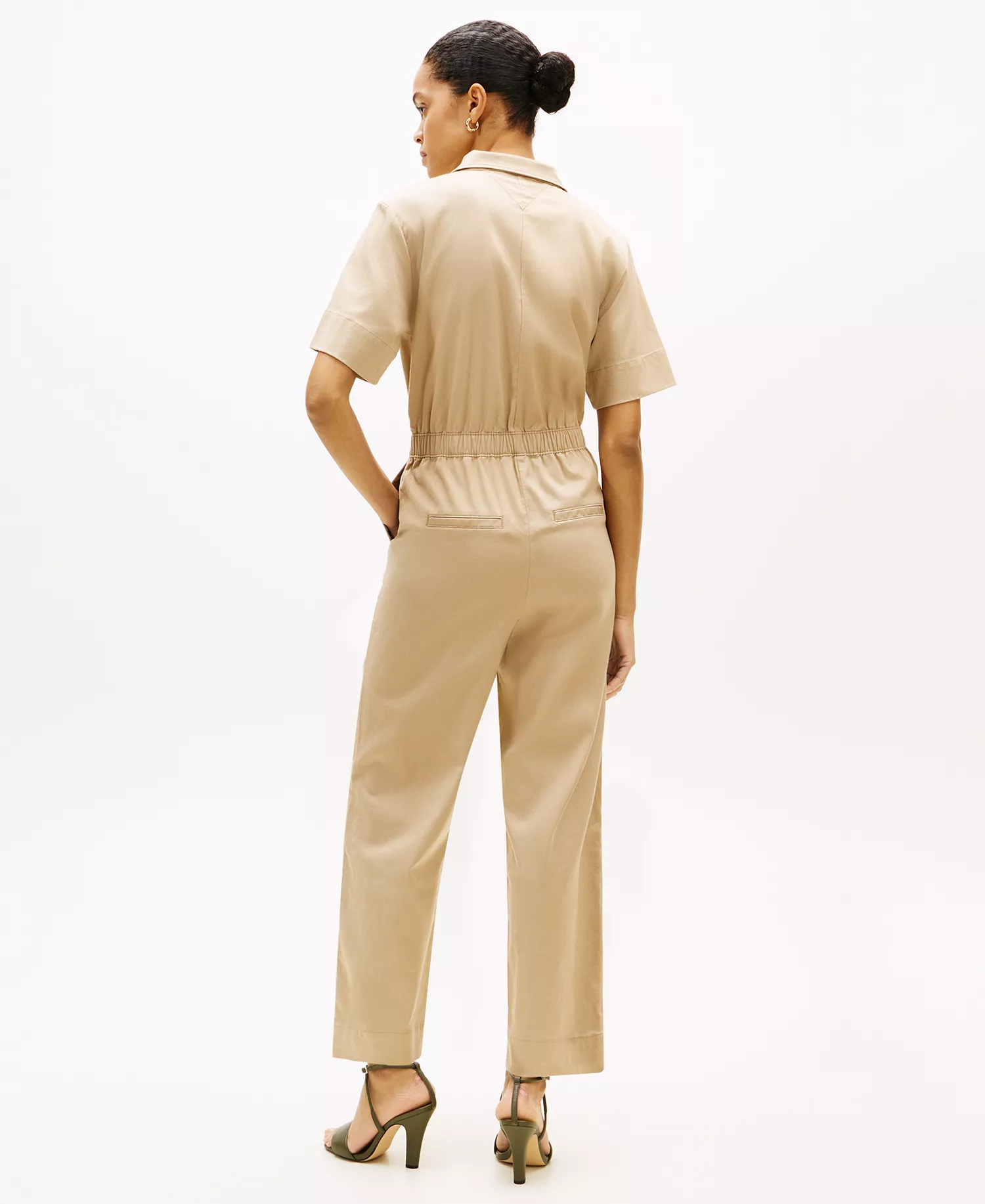 Women's Utility Shirt Short-Sleeve Jumpsuit - Beige - L