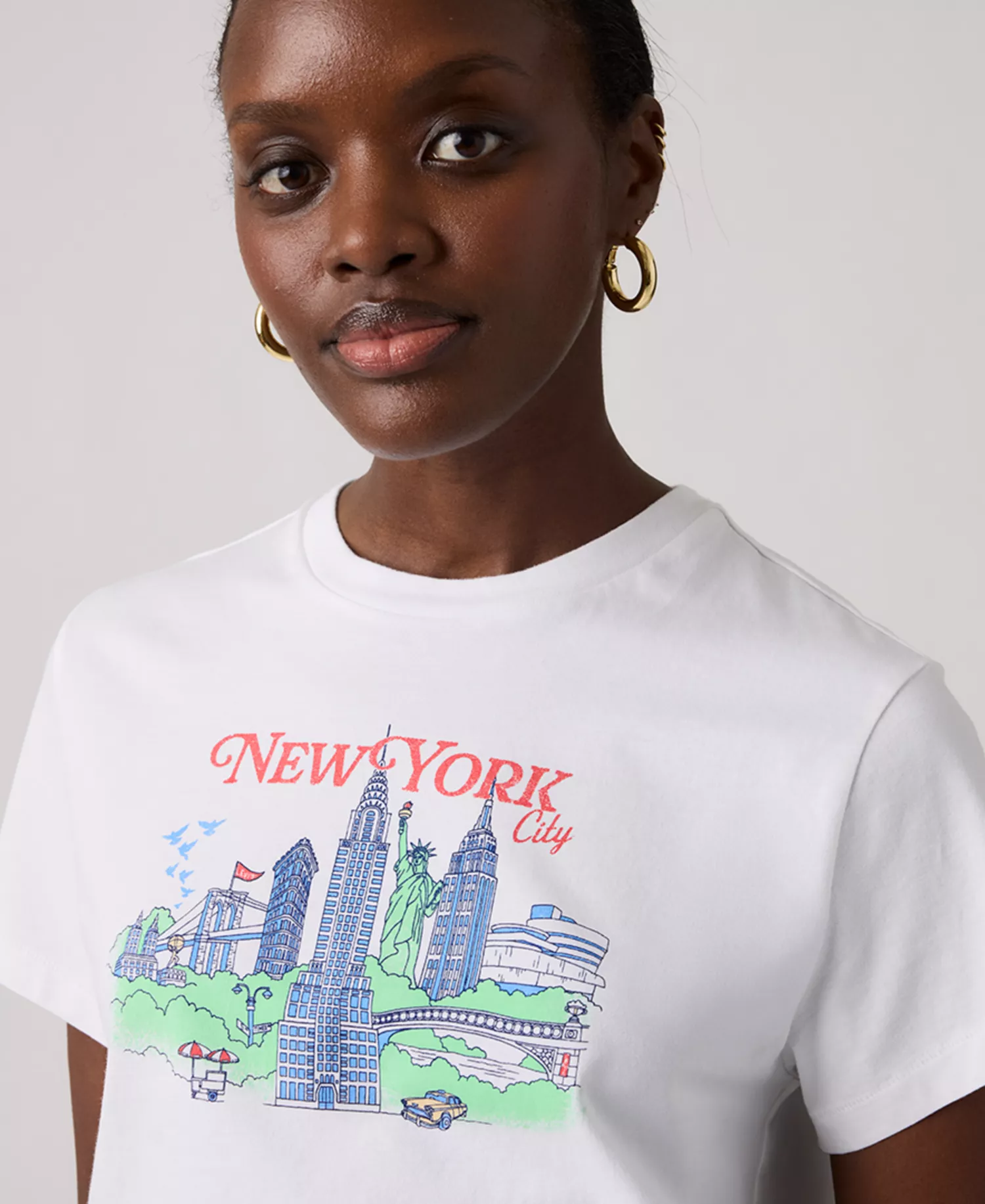 Women's Crew Neck Graphic Print T-Shirt - Nyc Faded Map Bright White - L