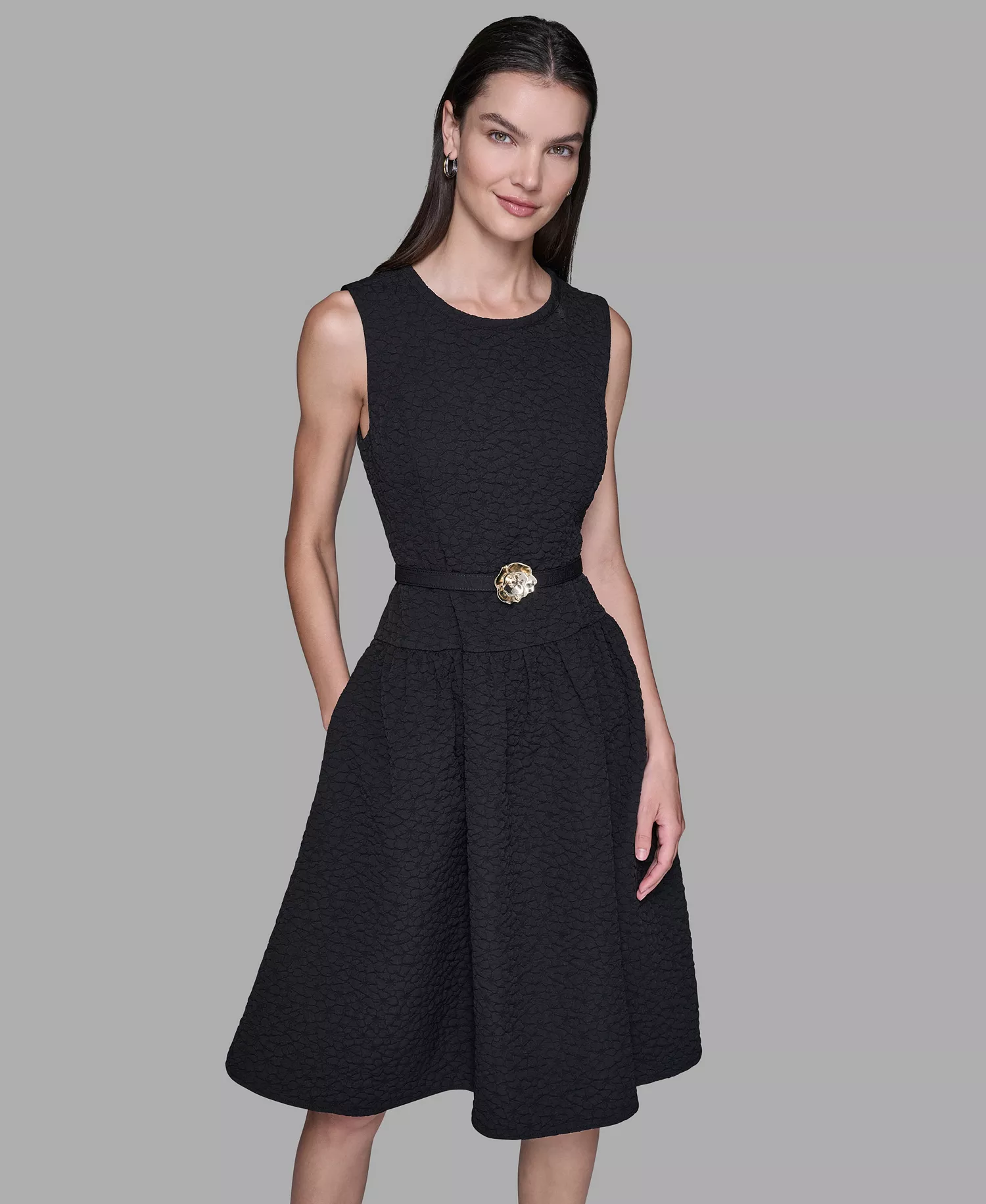 Women's Floral Crew Neck Belted Midi Dress - Black - 10
