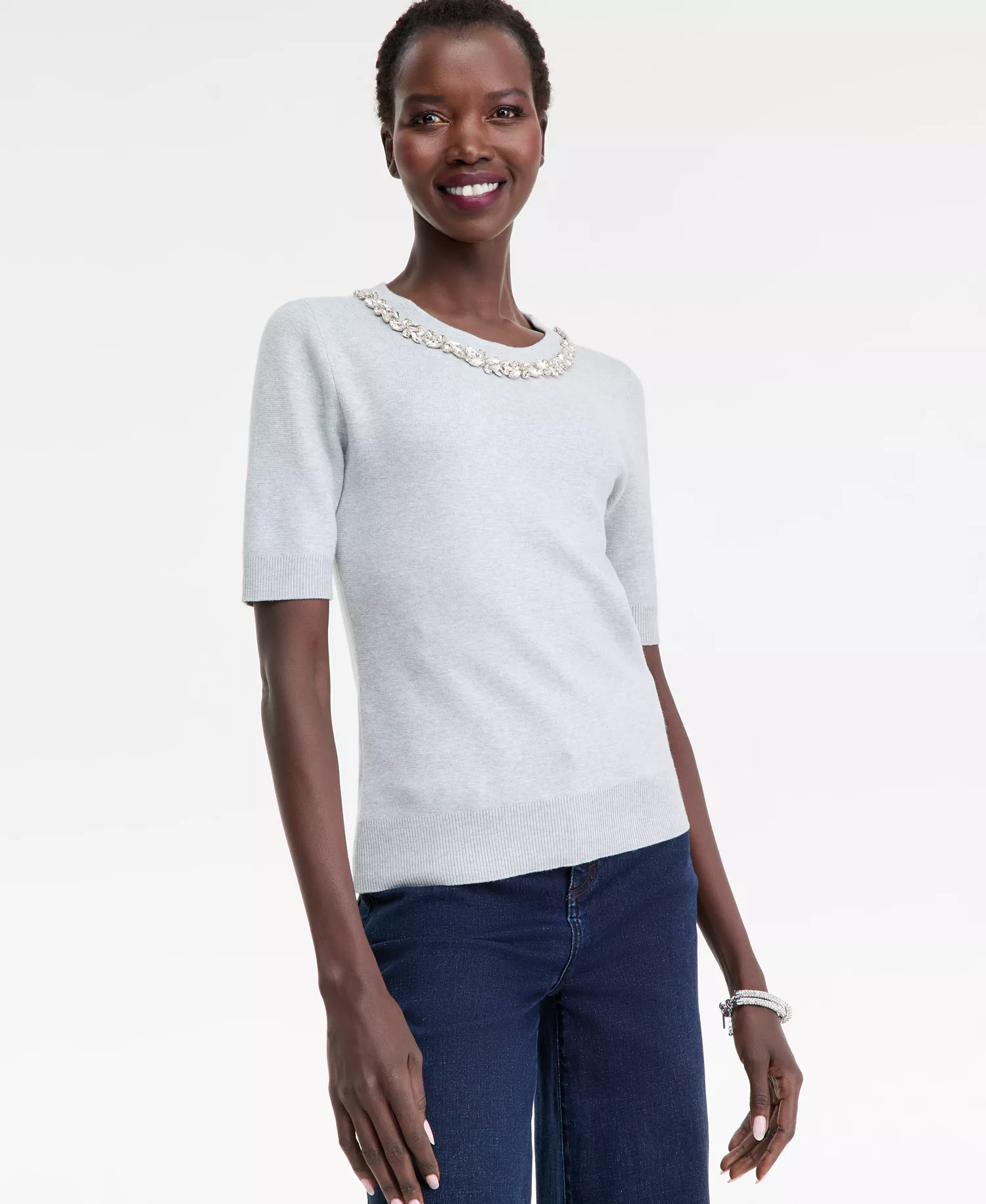 Women's Short-Sleeve Embellished-Neck Sweater, Macy's Exclusive - Hthr Belle - M