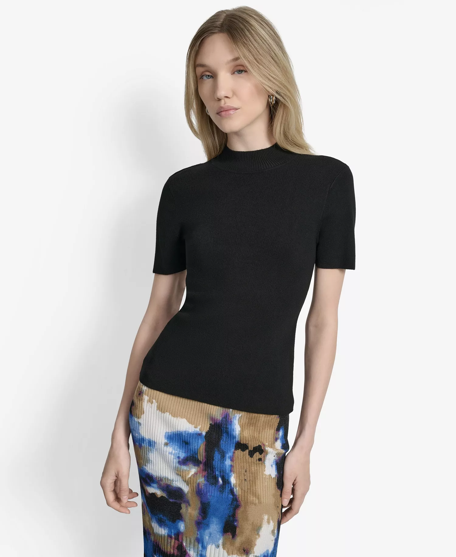 Women's Cap-Sleeve Mock Neck Sweater - Black - L