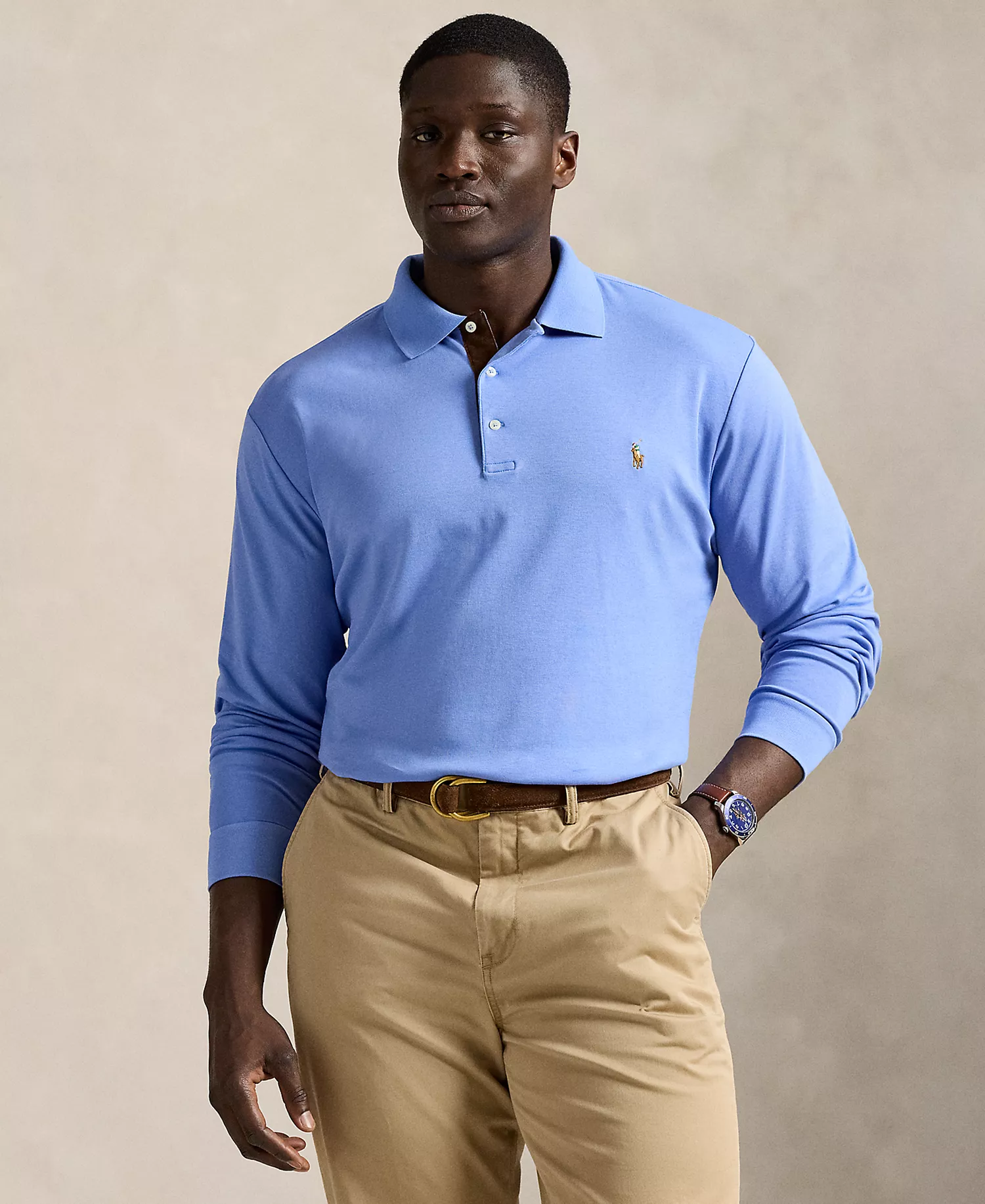 Men's Big & Tall Soft Cotton Long-Sleeve Polo Shirt - Fall Blue - 2LT