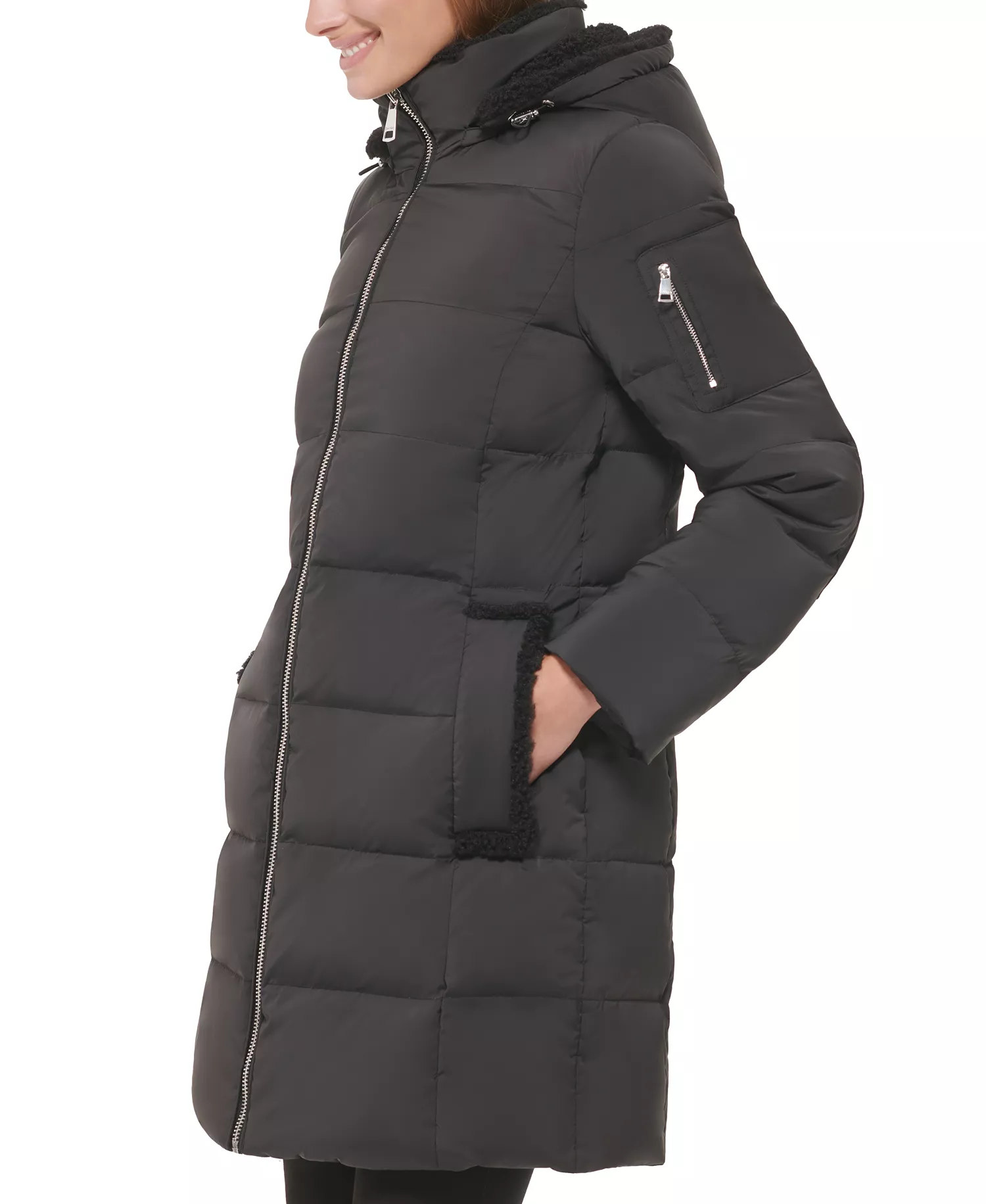 Women's Sherpa-Trimmed Hooded Down Puffer Coat - Black - S