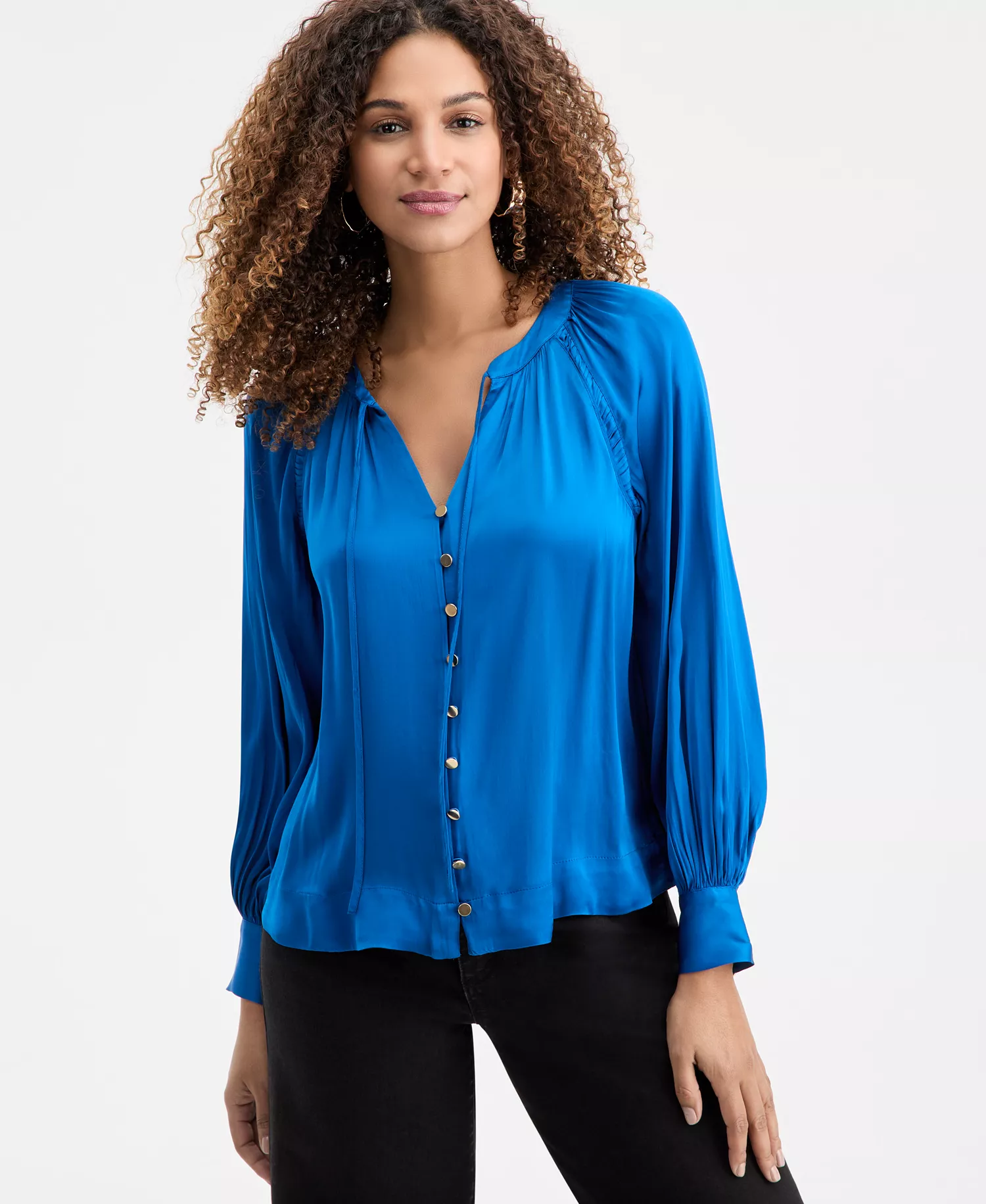 Women's Tie-Neck Puff-Sleeve Blouse, Macy's Exclusive - Cobalt Dream - L
