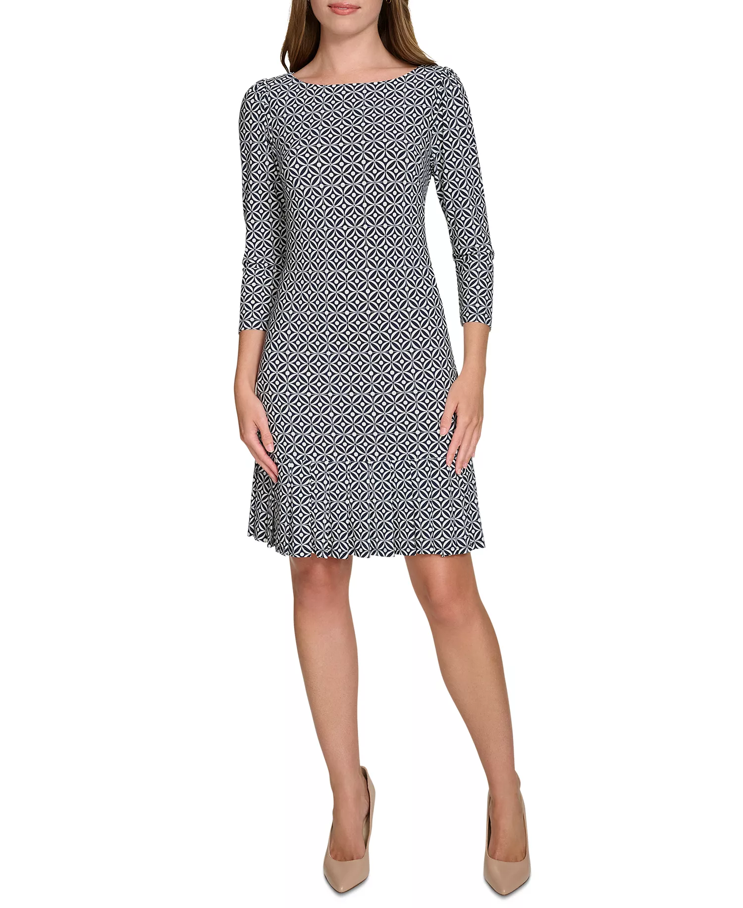 Women's Printed Pleated-Hem Shift Dress - Sky Captain/Cream - 10