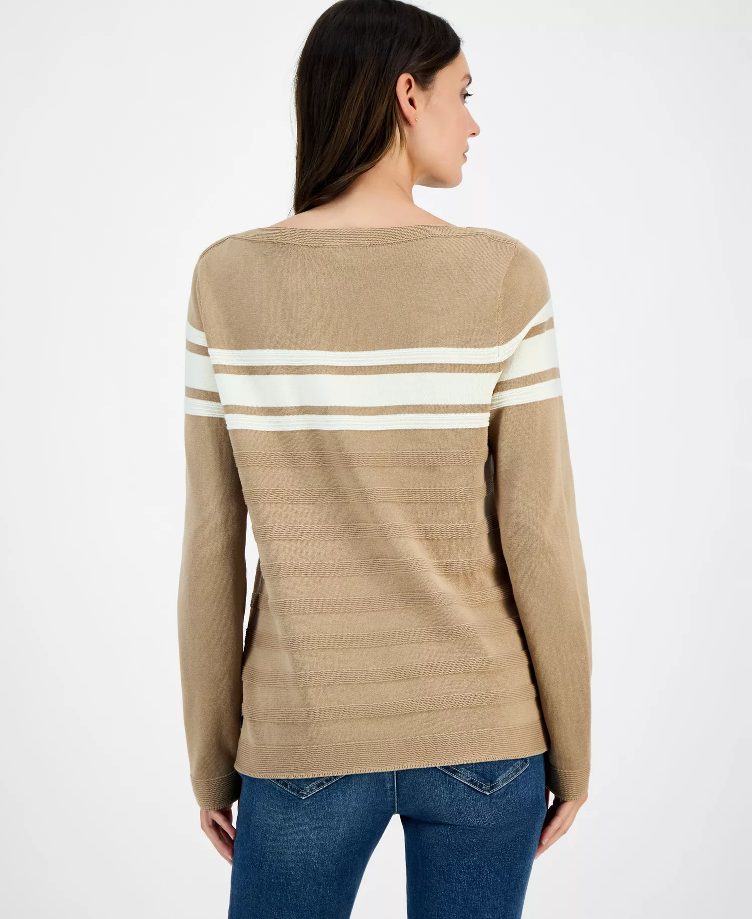 Nautica Women's Cotton Boat-Neck Textured Sweater  - Camel/ White Swan - L