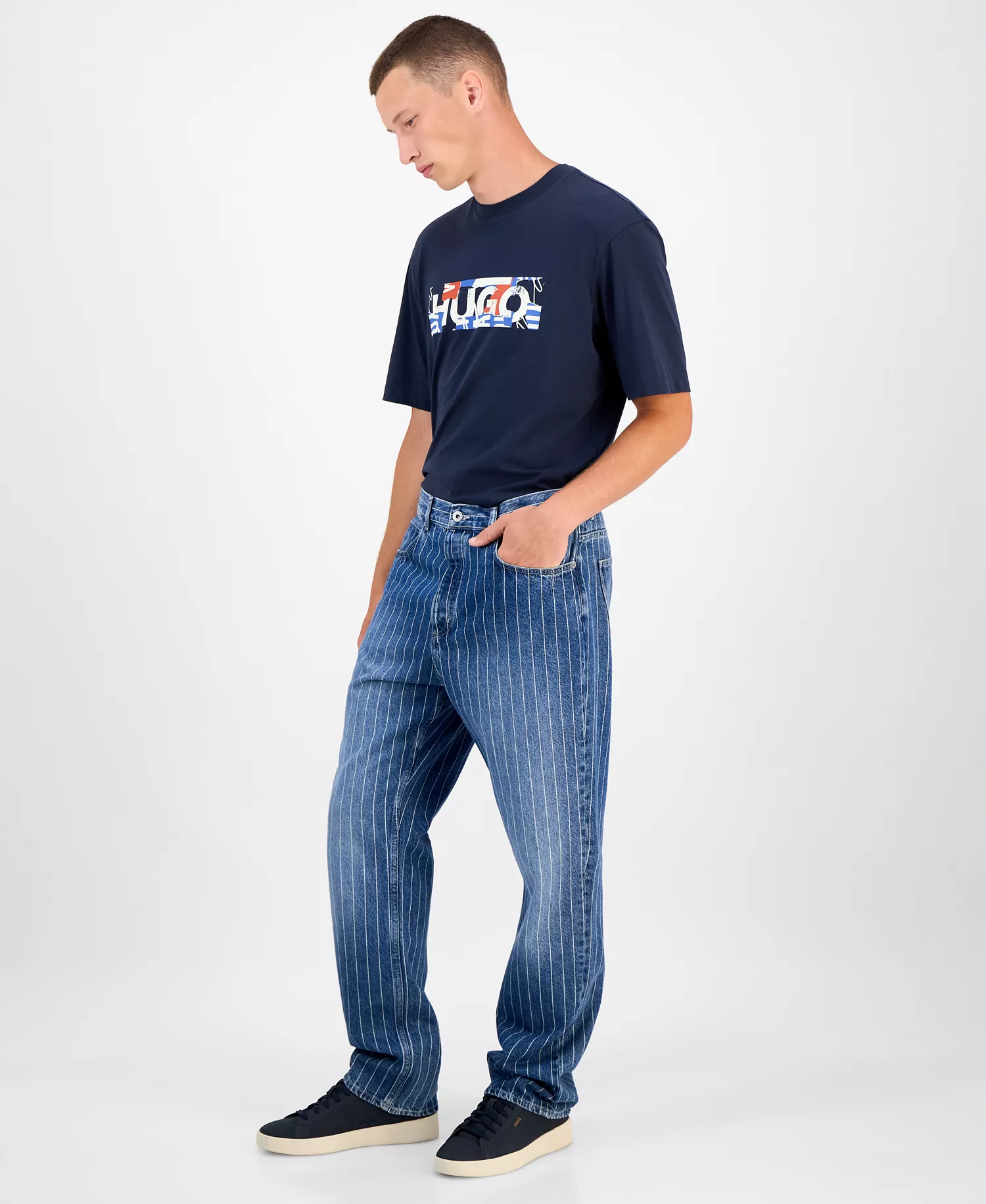 Men's Nate Faded Stripe Cotton Jeans - Medium Blue - 30x32