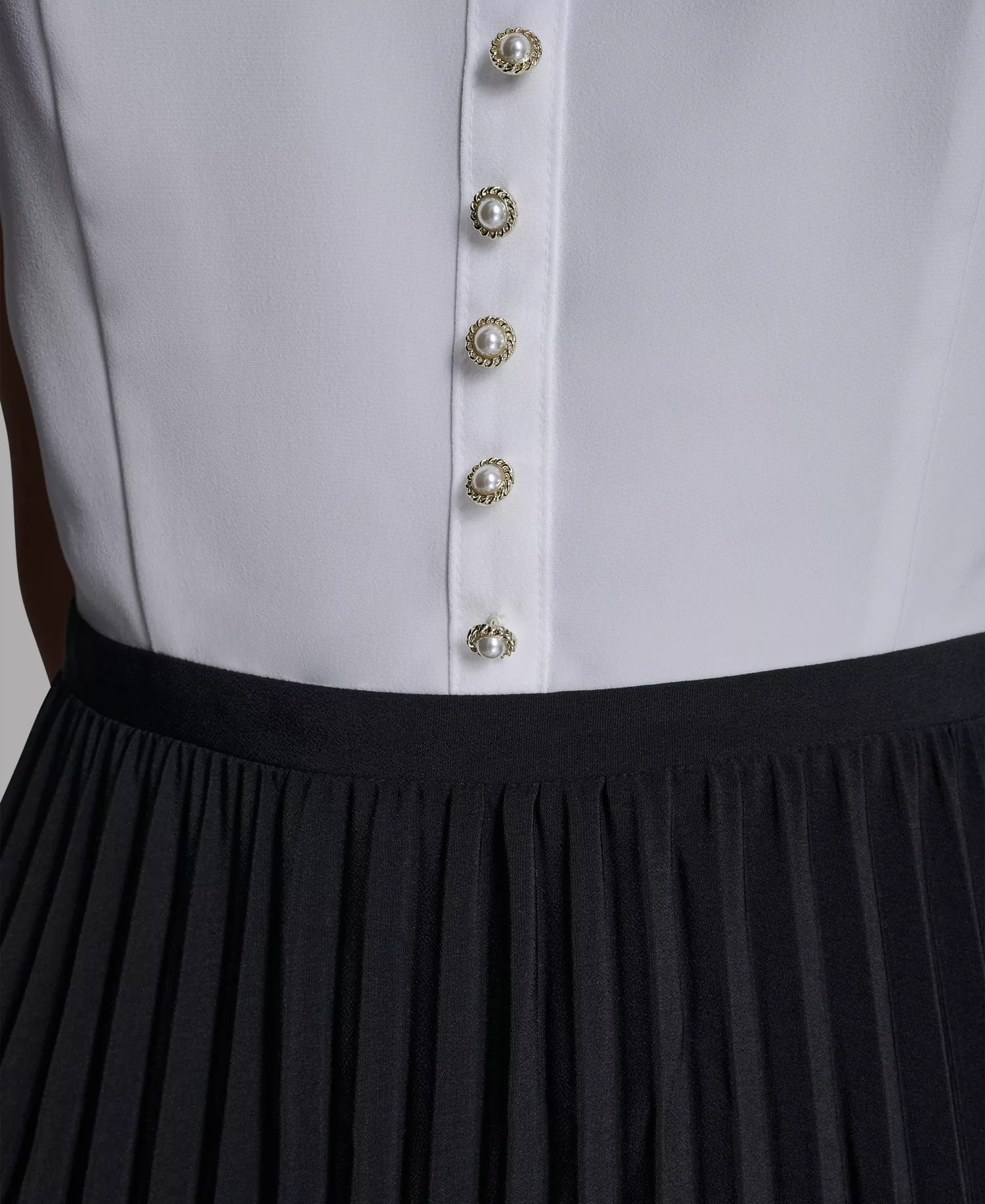 Women's Silky Crepe Midi Dress with Pleated Skirt - Soft White/ Black - 10