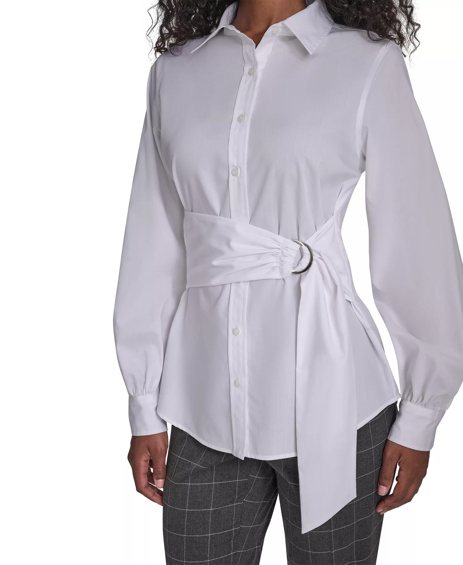 Women's Tie Waist Collared Neck Top - White - L