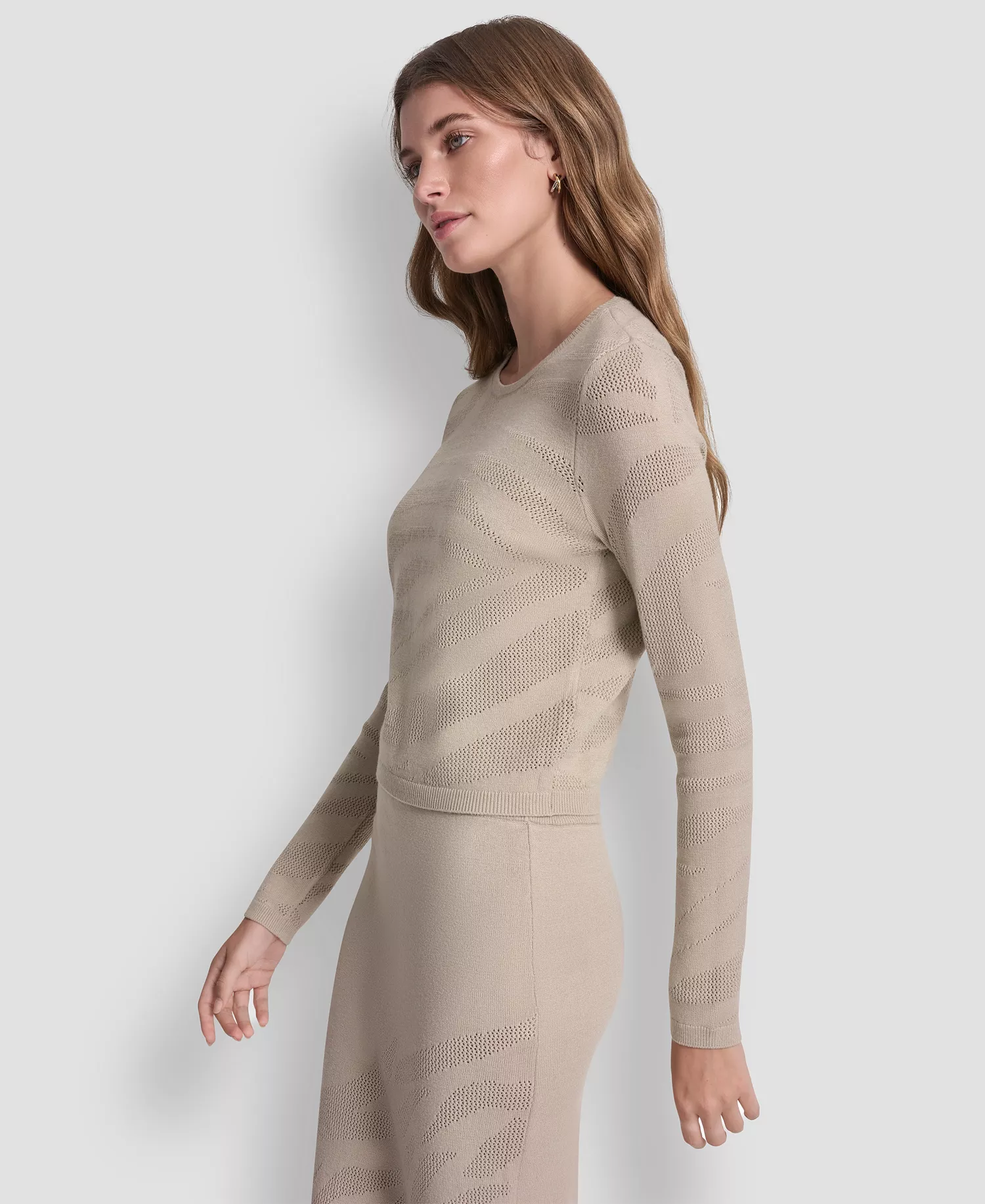 Women's Crewneck Zebra Pointelle Cropped Sweater - Pebble - L