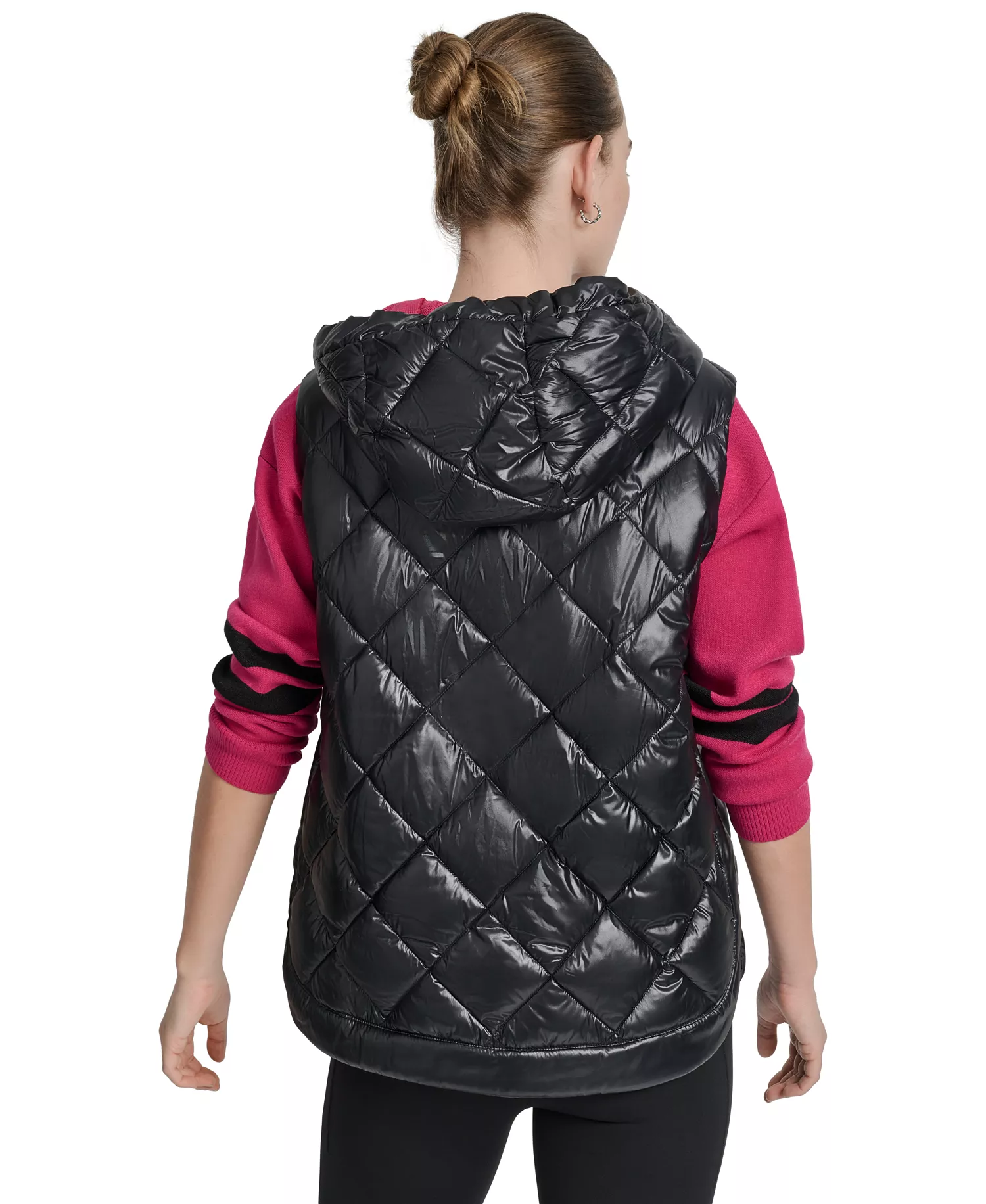 Women's Quilted Curved-Hem Hooded Vest - Metallic Black/wild Berry - L