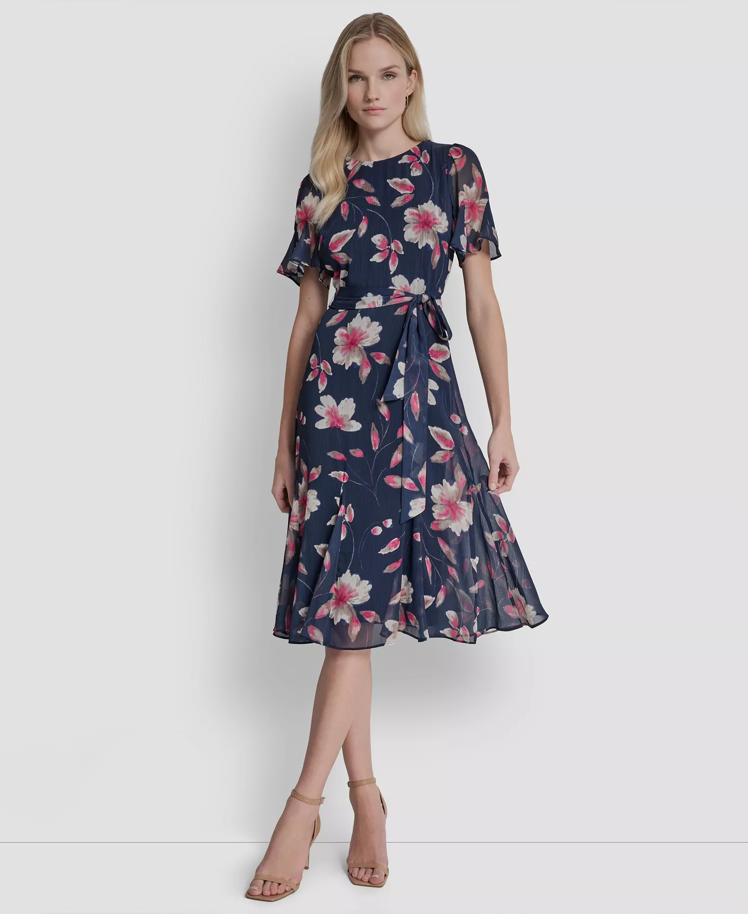 Women's Short Godet-Sleeve Jewel Neck Midi Dress - Indigo Multi - 10