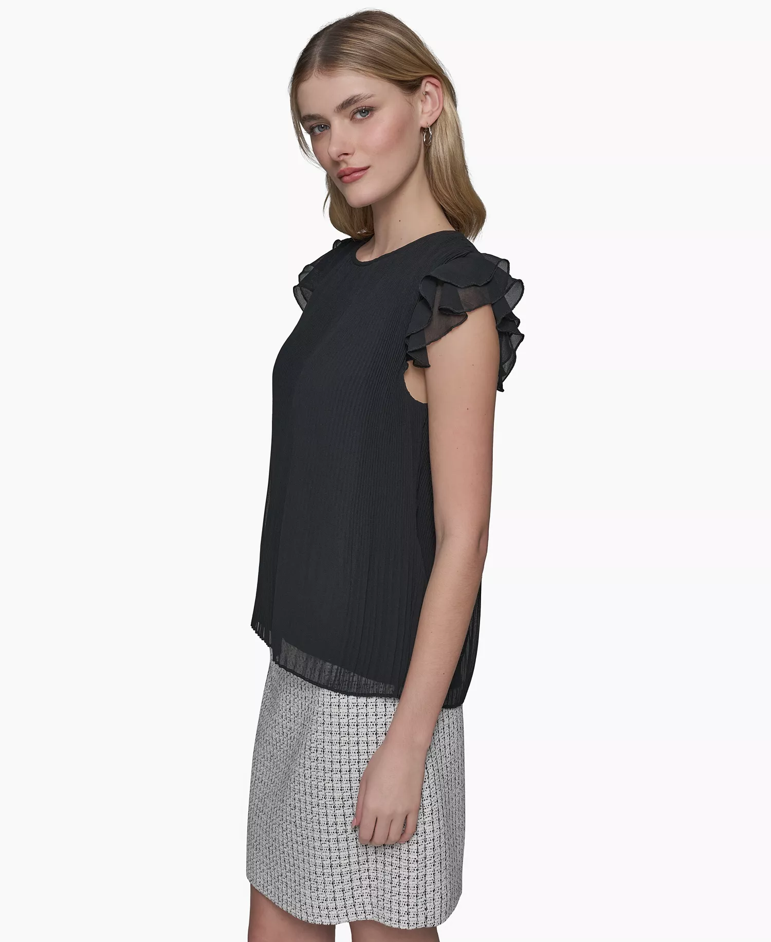 Women's Flutter-Sleeve Blouse - Black - M