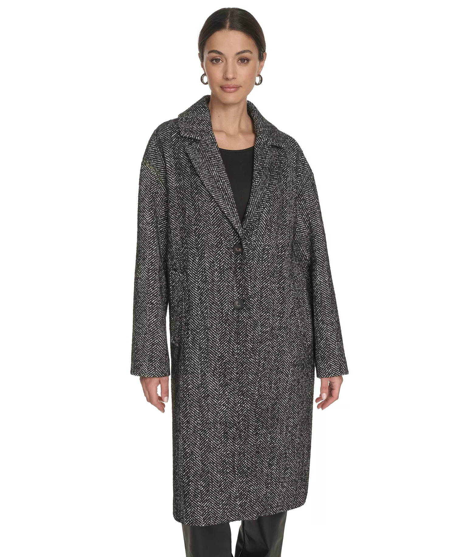 Women's Regular Single Breasted Top Coat - Black/White Houndstooth - L