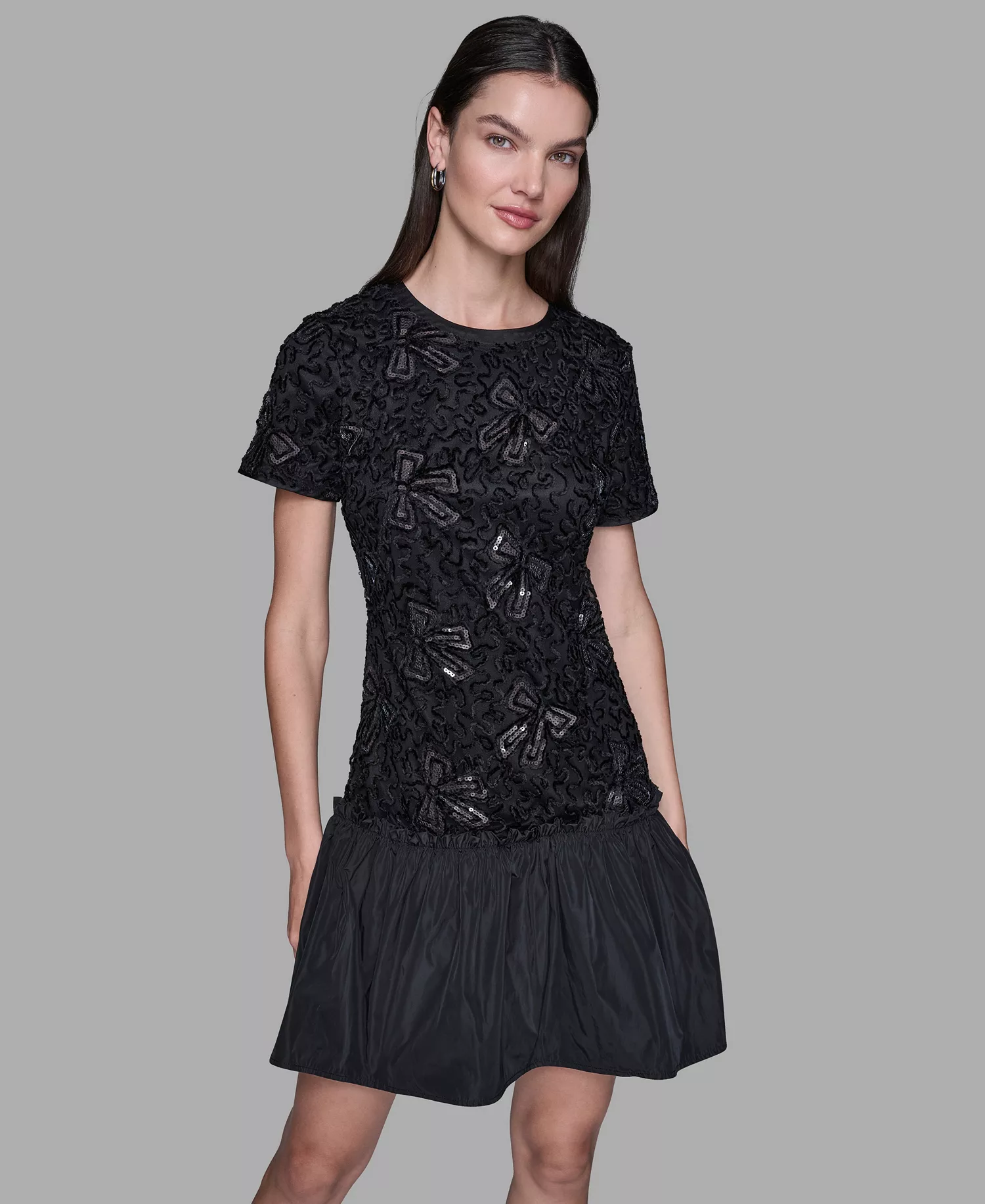Women's Sequin Bow Applique Drop-Waist Dress - Black - 0