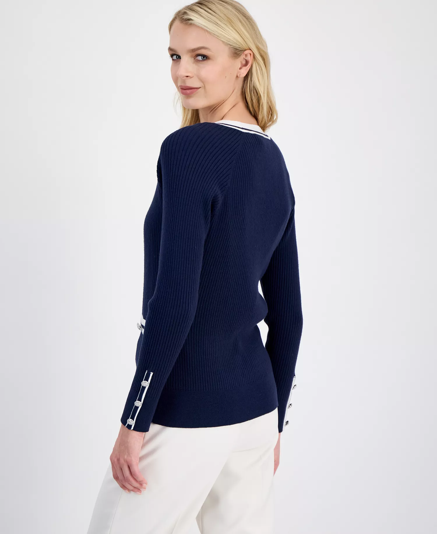 Women's Contrast-Trim Ribbed Knit Button-Front Cardigan - Navy With White - L